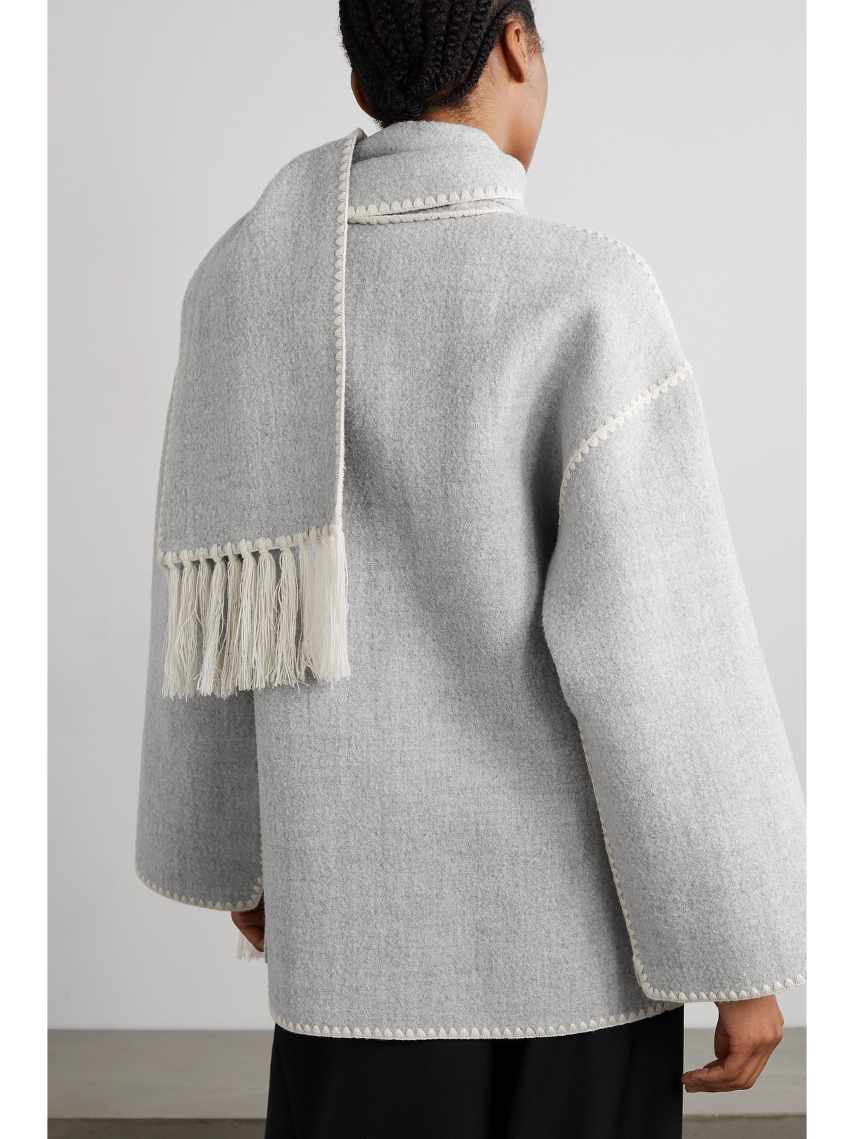 Shop Totême Draped Fringed Wool-blend Jacket In Gray