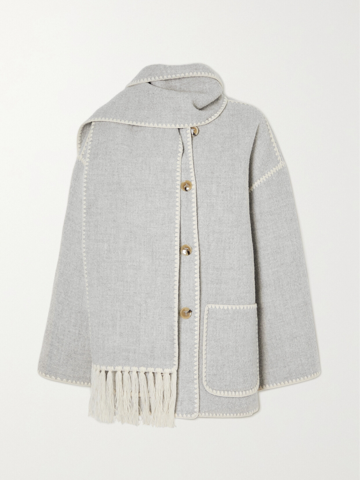 Shop Totême Draped Fringed Wool-blend Jacket In Gray