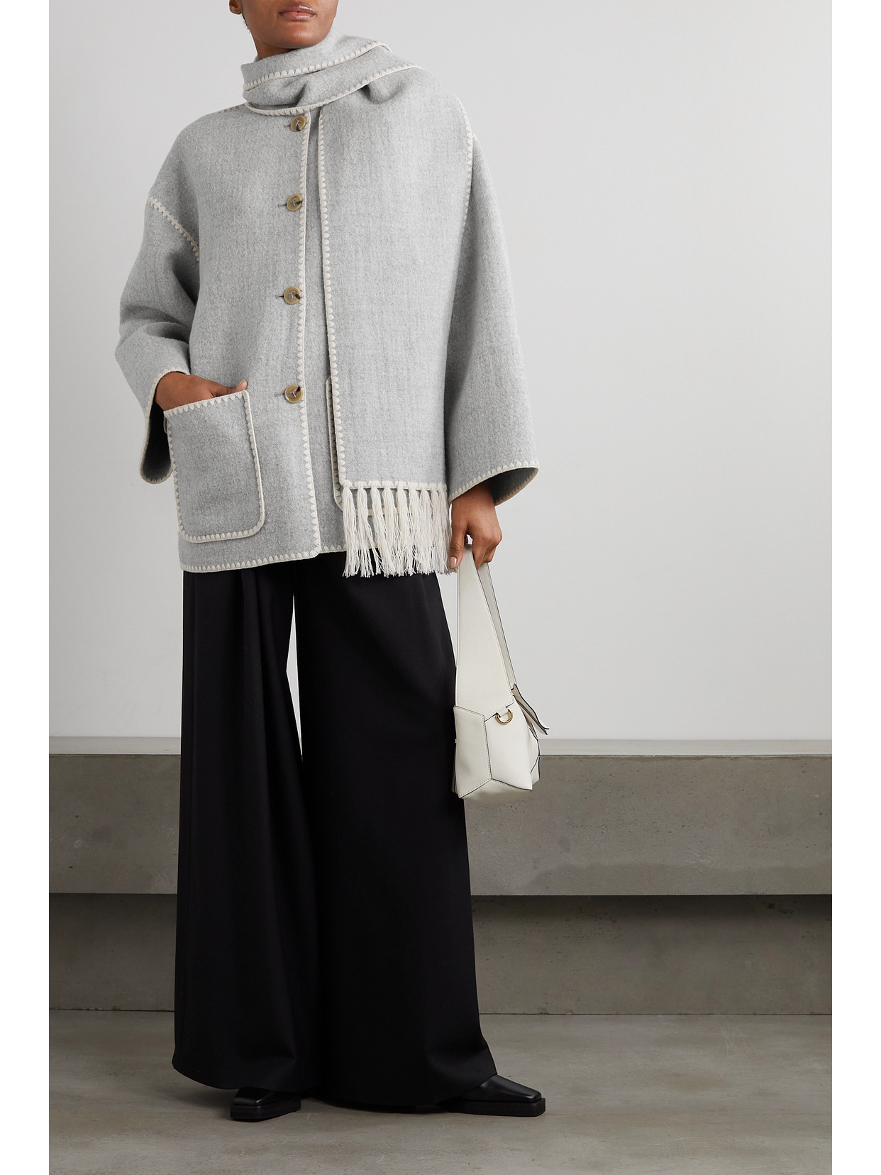 Shop Totême Draped Fringed Wool-blend Jacket In Gray