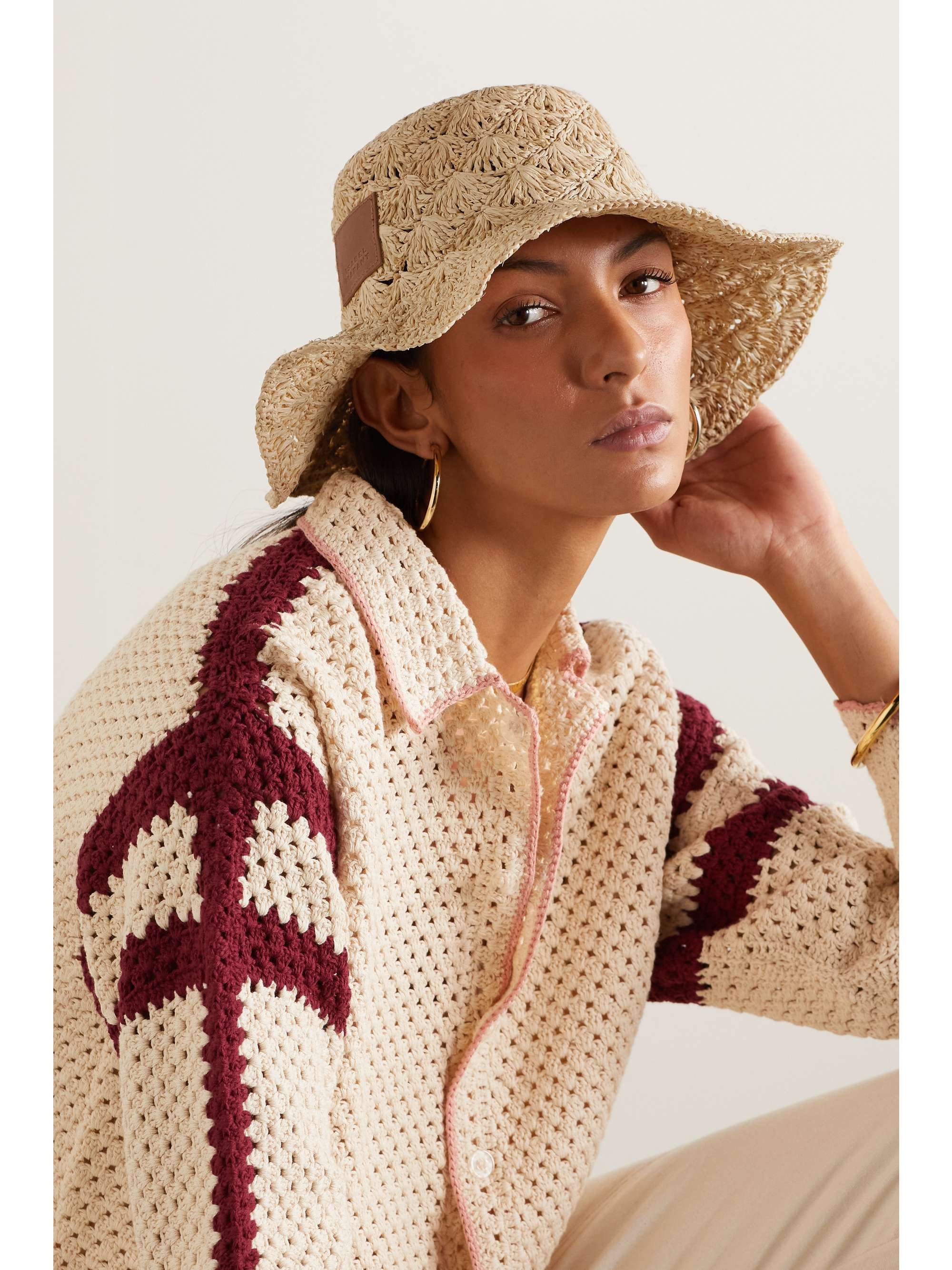 ISABEL MARANT Tulum leather-trimmed crocheted raffia hat