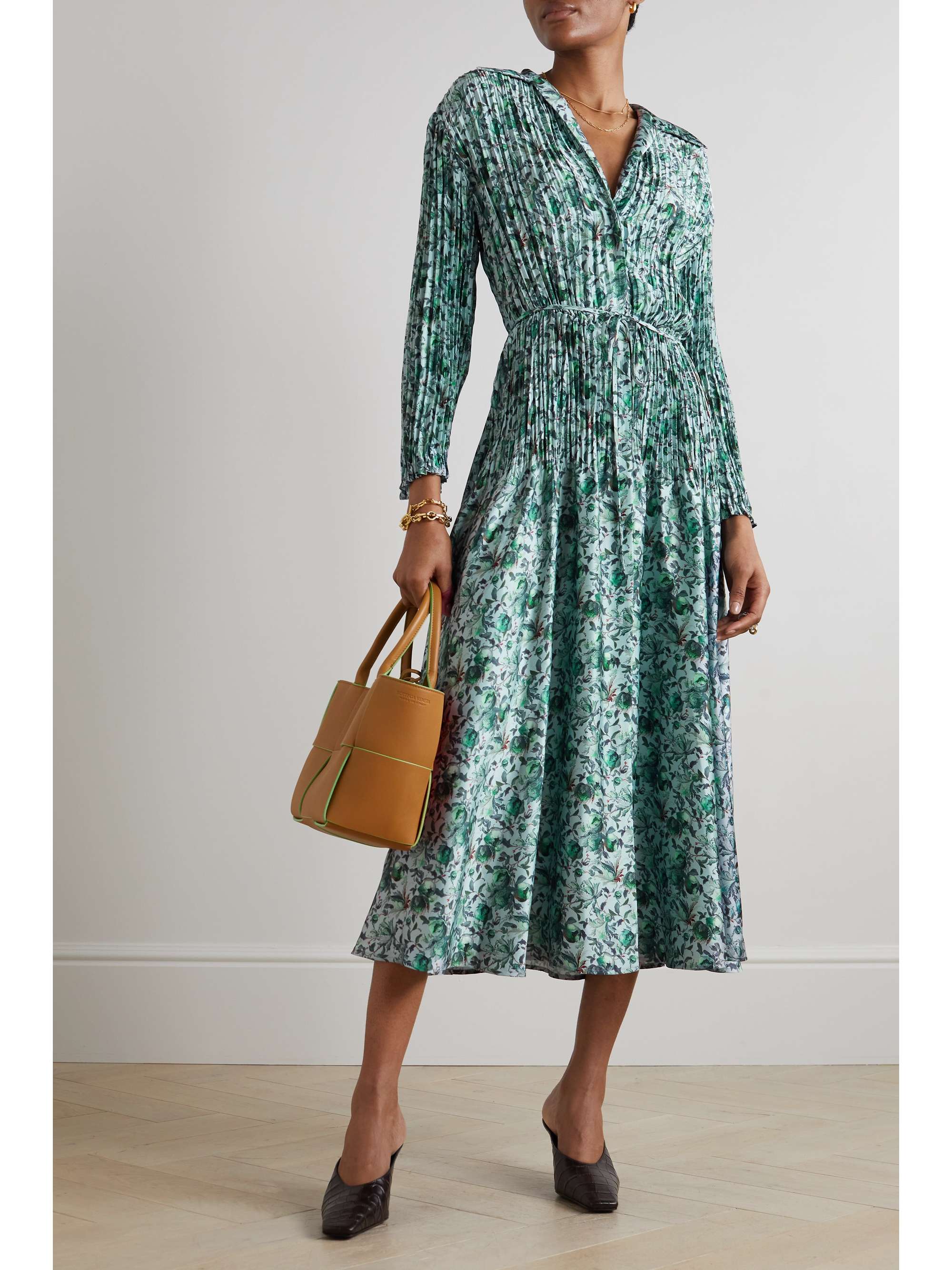 VINCE Berry Blooms pleated floral-print satin midi dress | NET-A-PORTER
