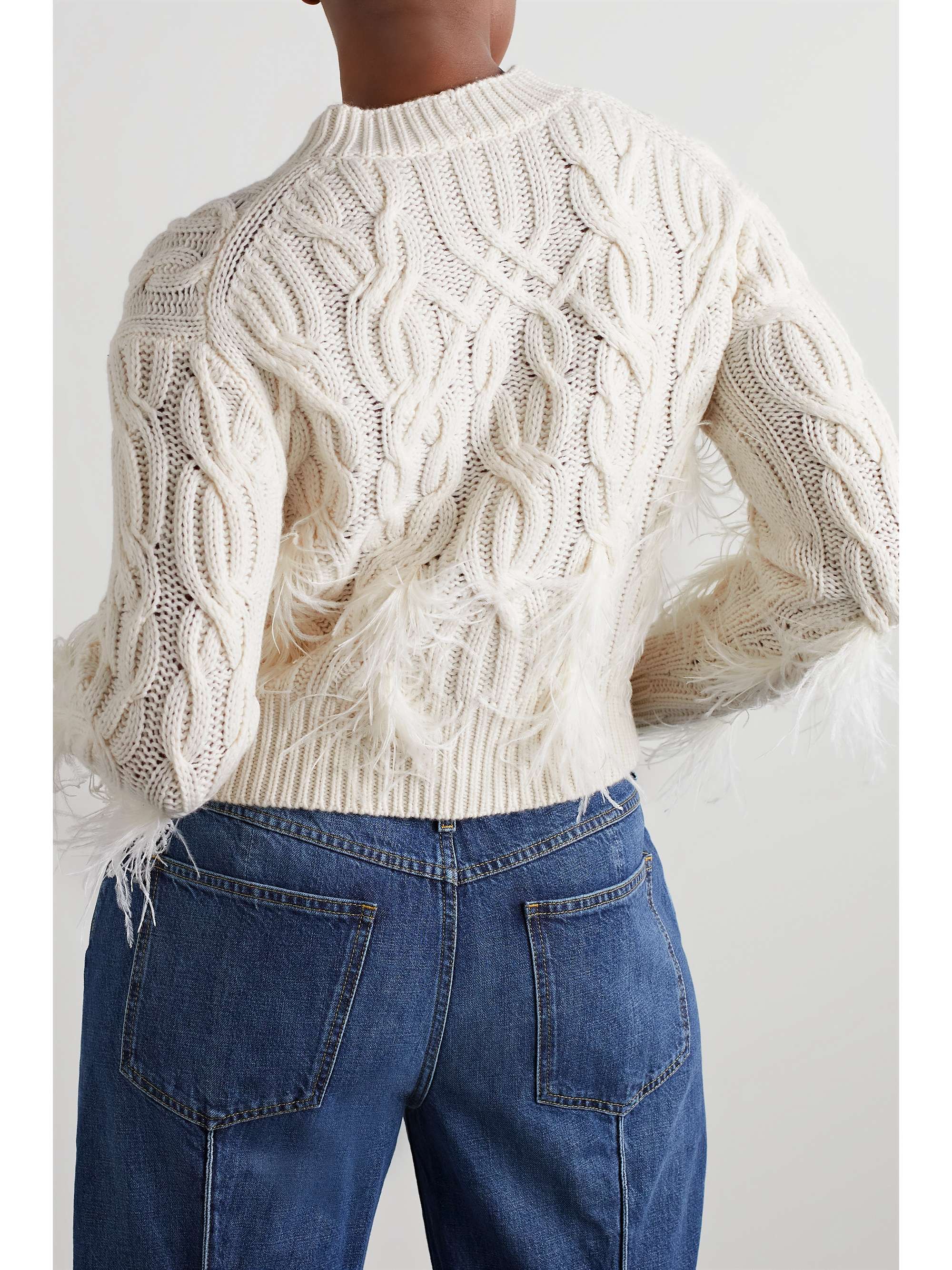 VINCE Feathertrimmed cableknit wool and cashmereblend sweater NET