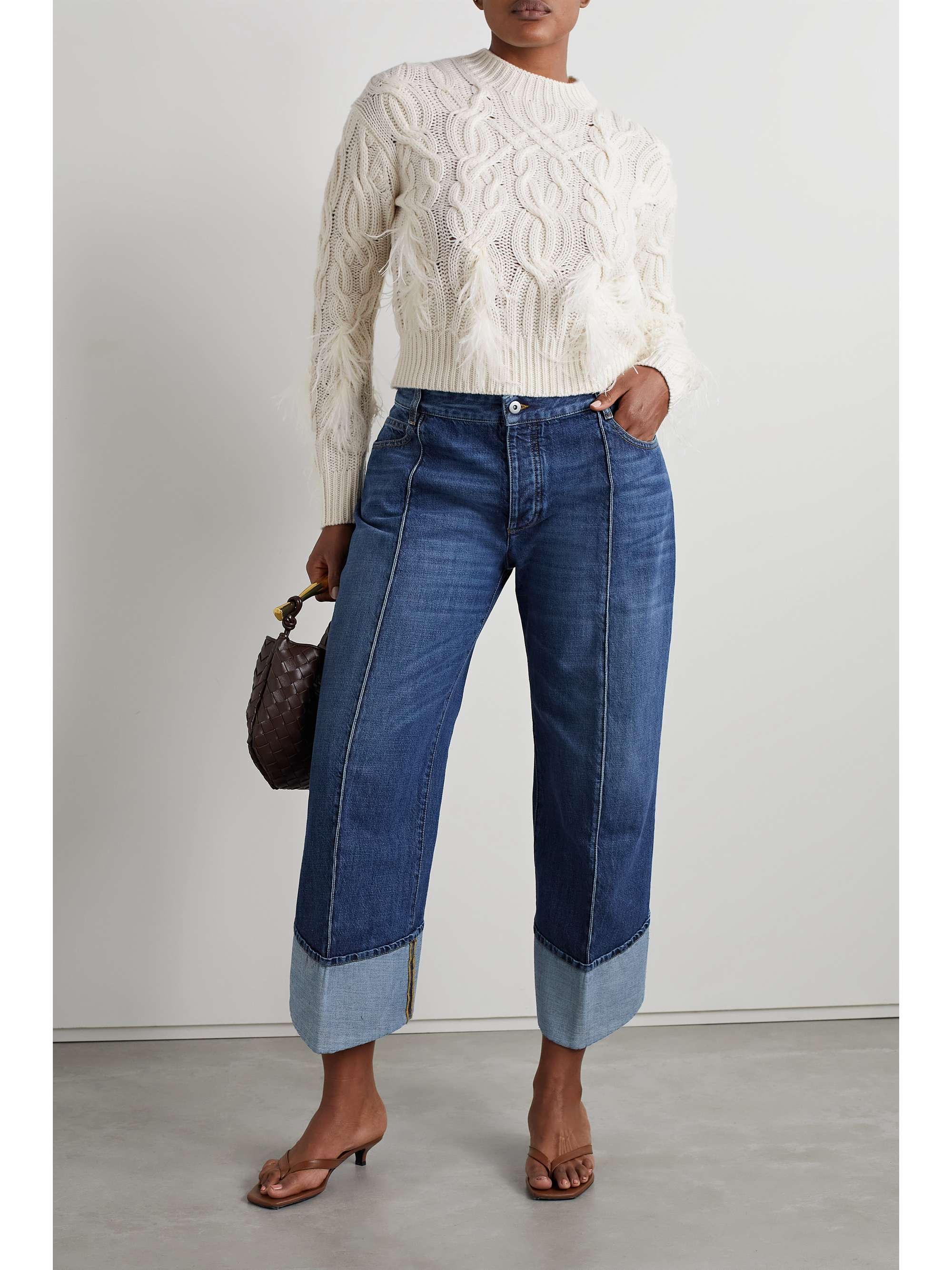 VINCE Feather-trimmed cable-knit wool and cashmere-blend sweater