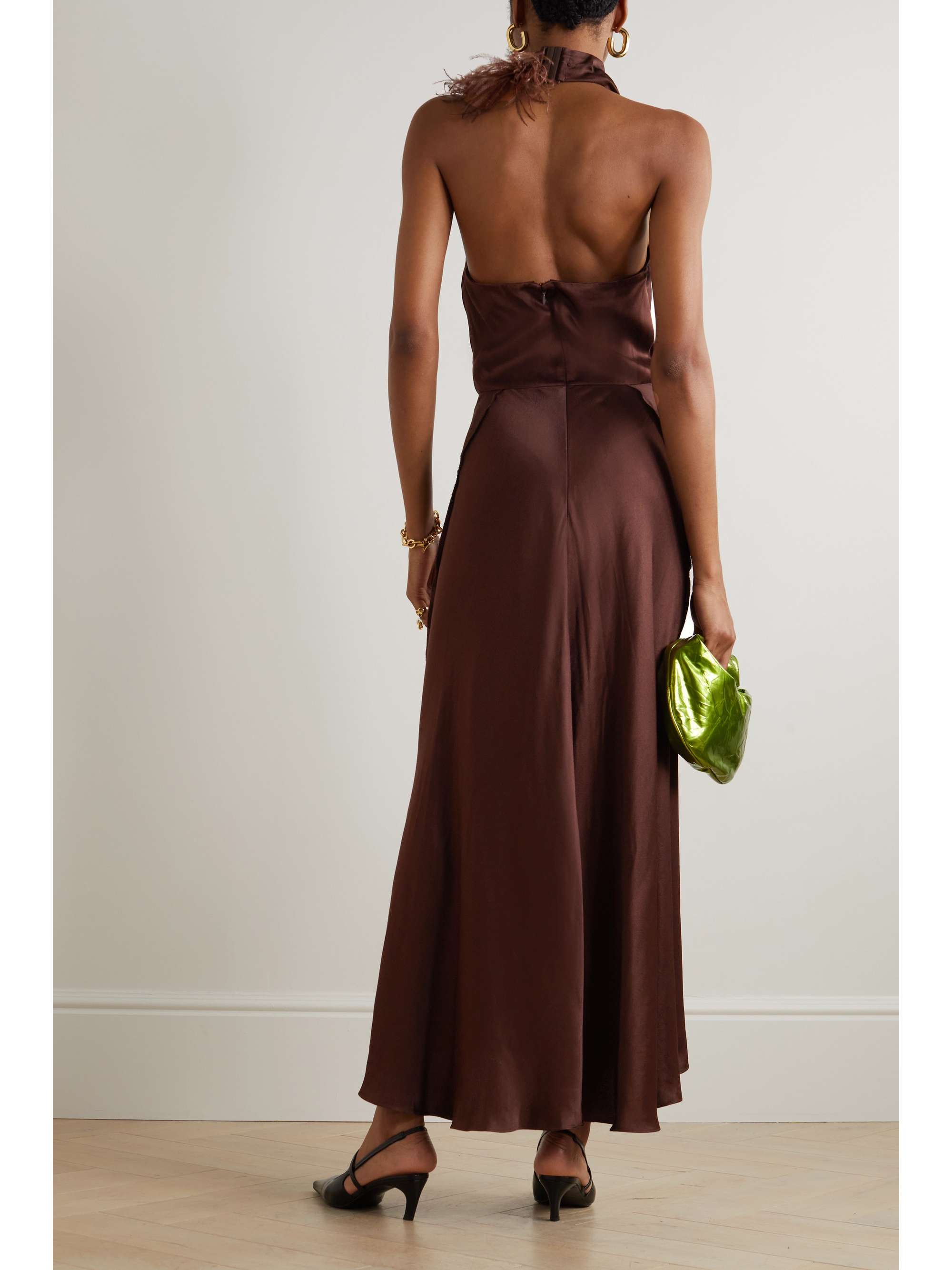 VINCE Feather-trimmed satin halterneck maxi dress