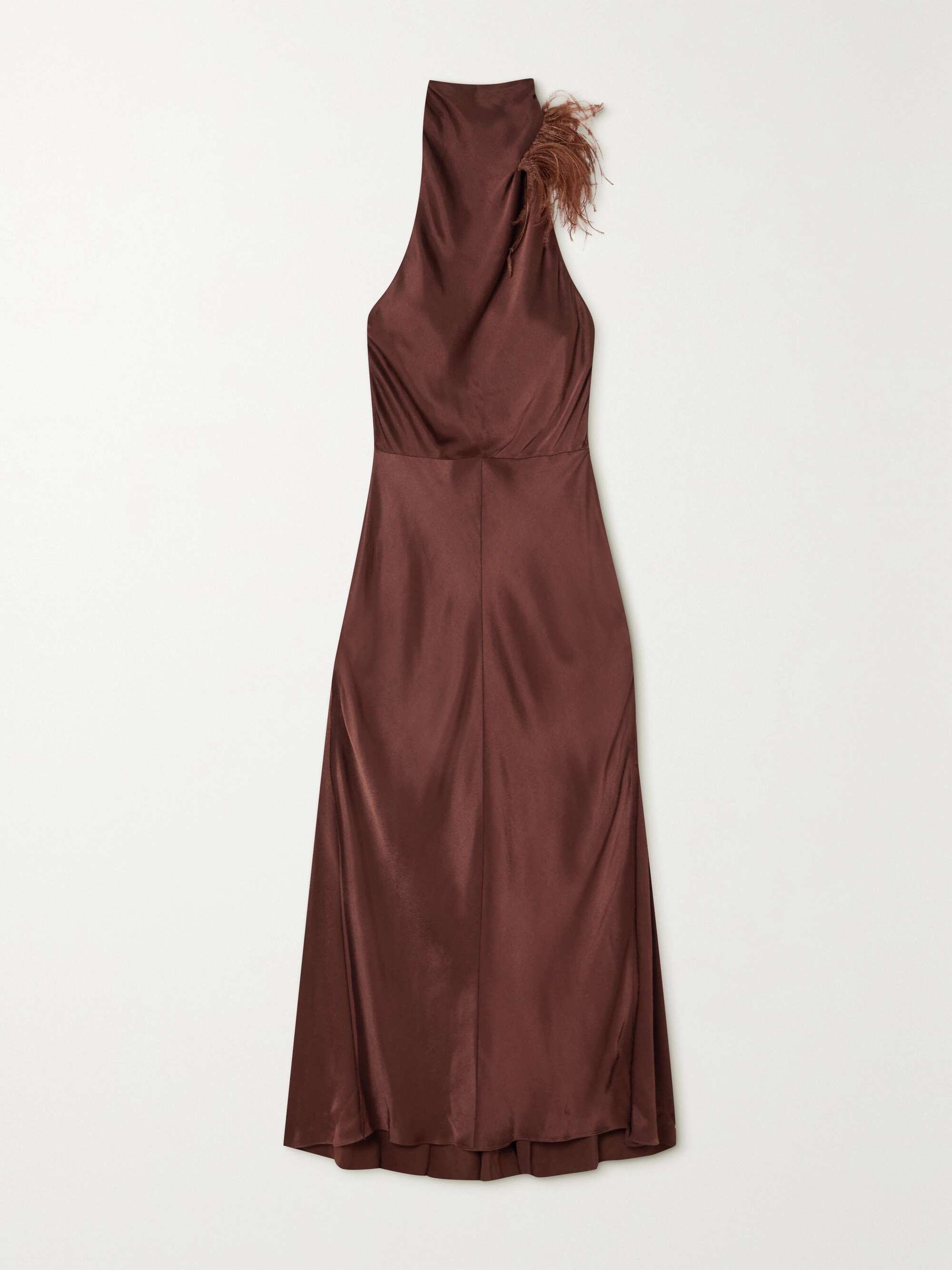 Brown Feather-trimmed satin halterneck maxi dress | VINCE | NET-A-PORTER