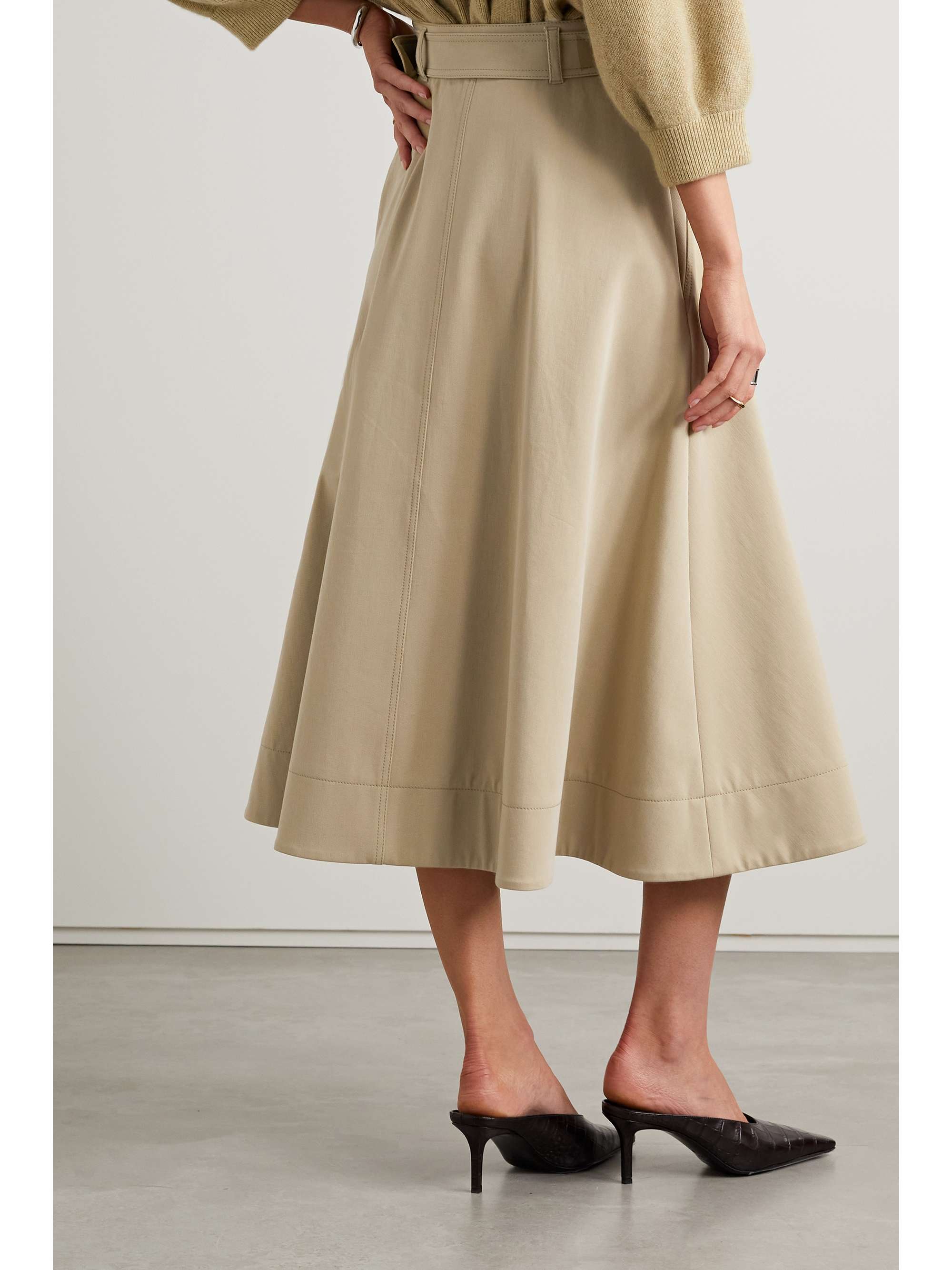 AKRIS Belted cotton-blend twill midi skirt