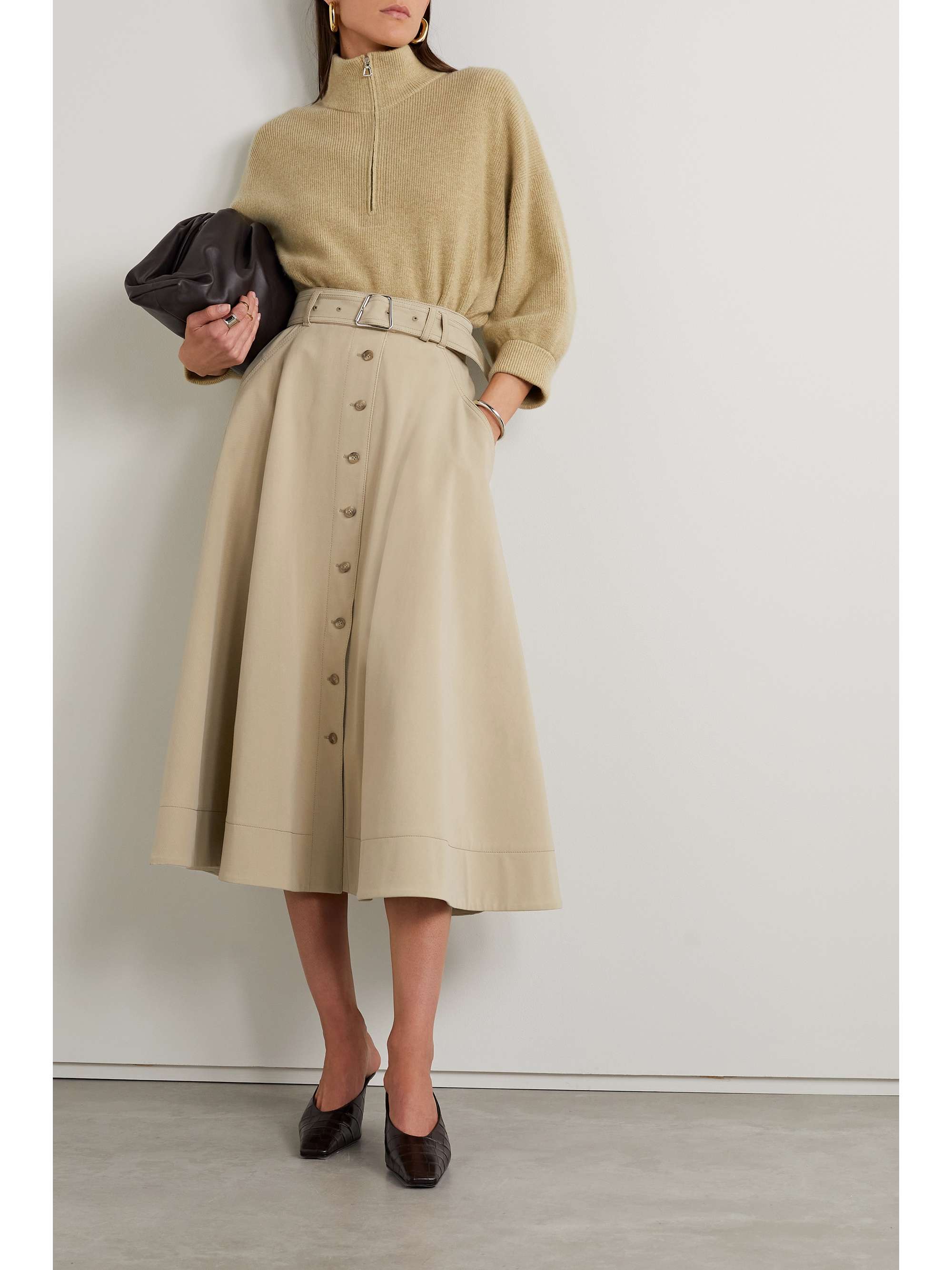 AKRIS Belted cotton-blend twill midi skirt
