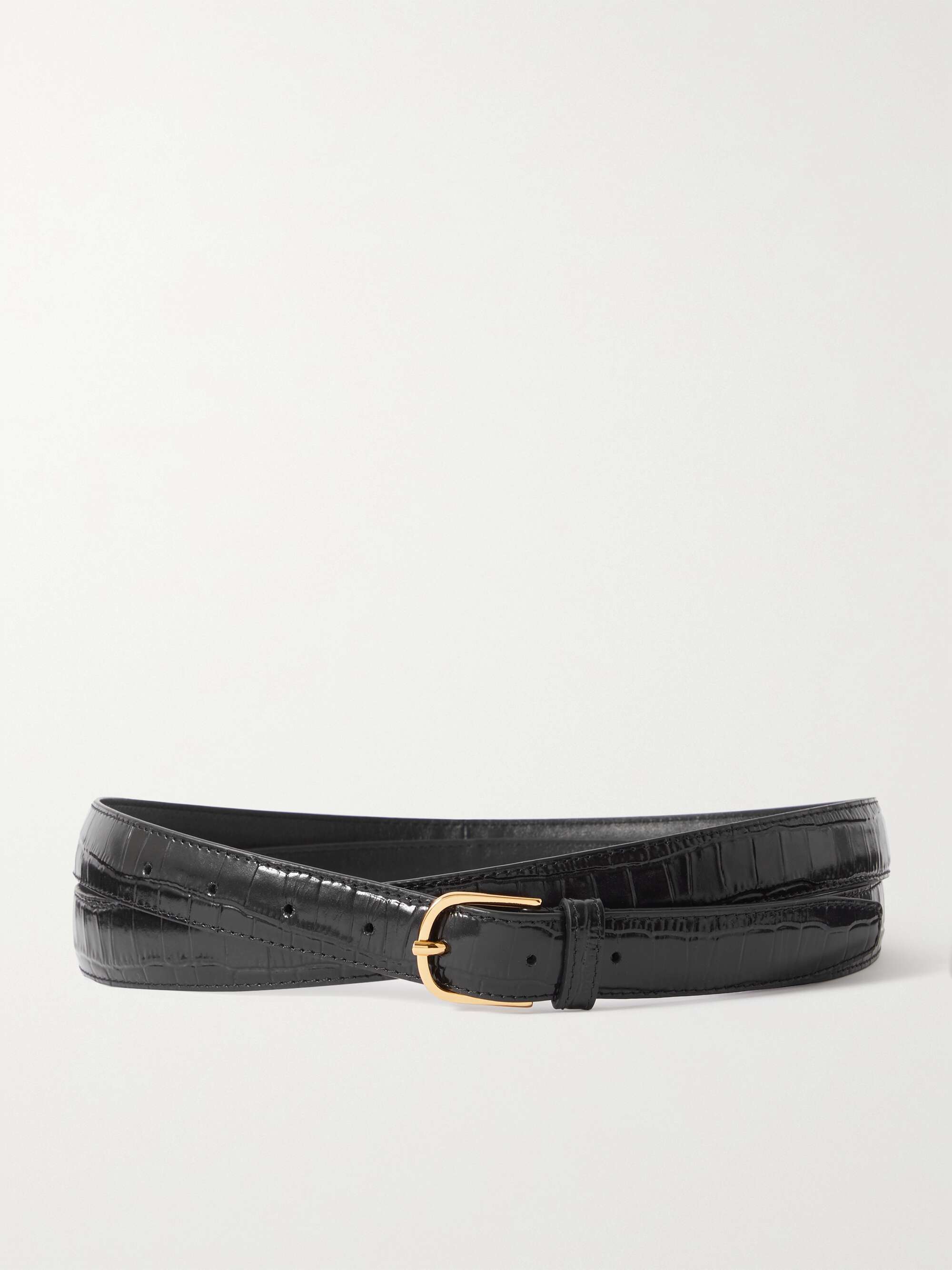 double buckle belt in crocodile-embossed leather