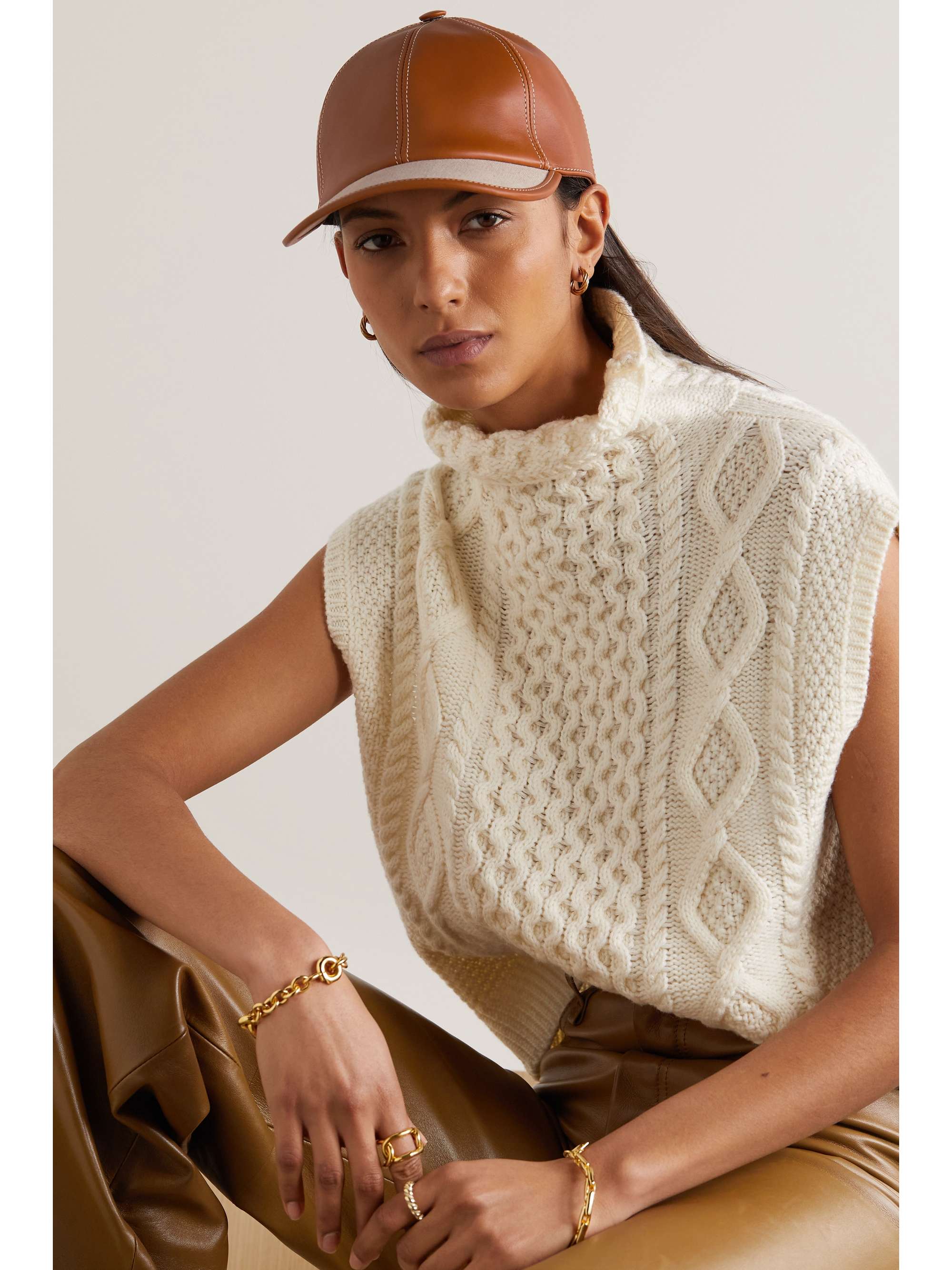 LORO PIANA Cotton and linen-blend canvas-trimmed leather baseball cap