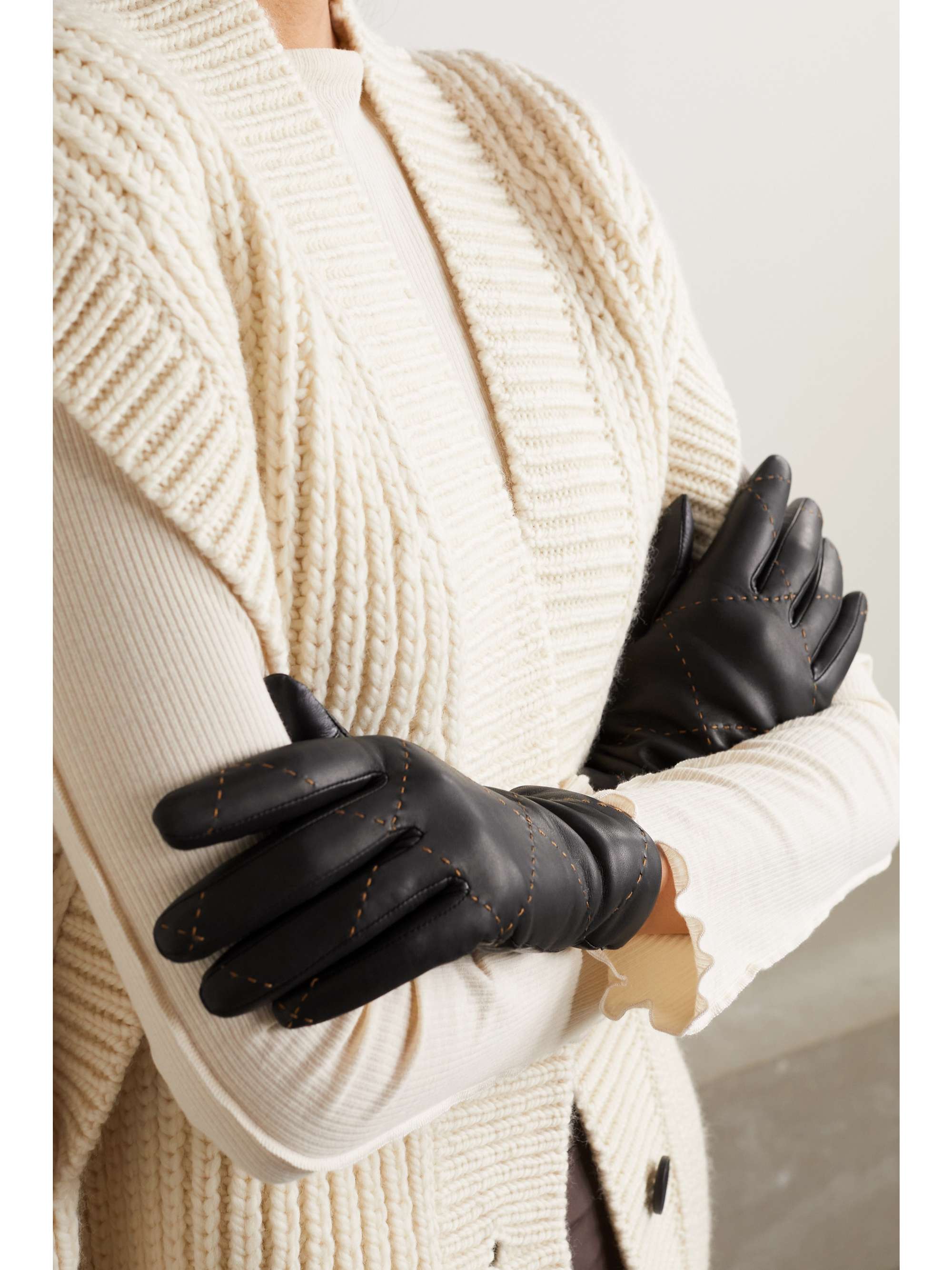 AGNELLE Cashmere-lined embroidered leather gloves