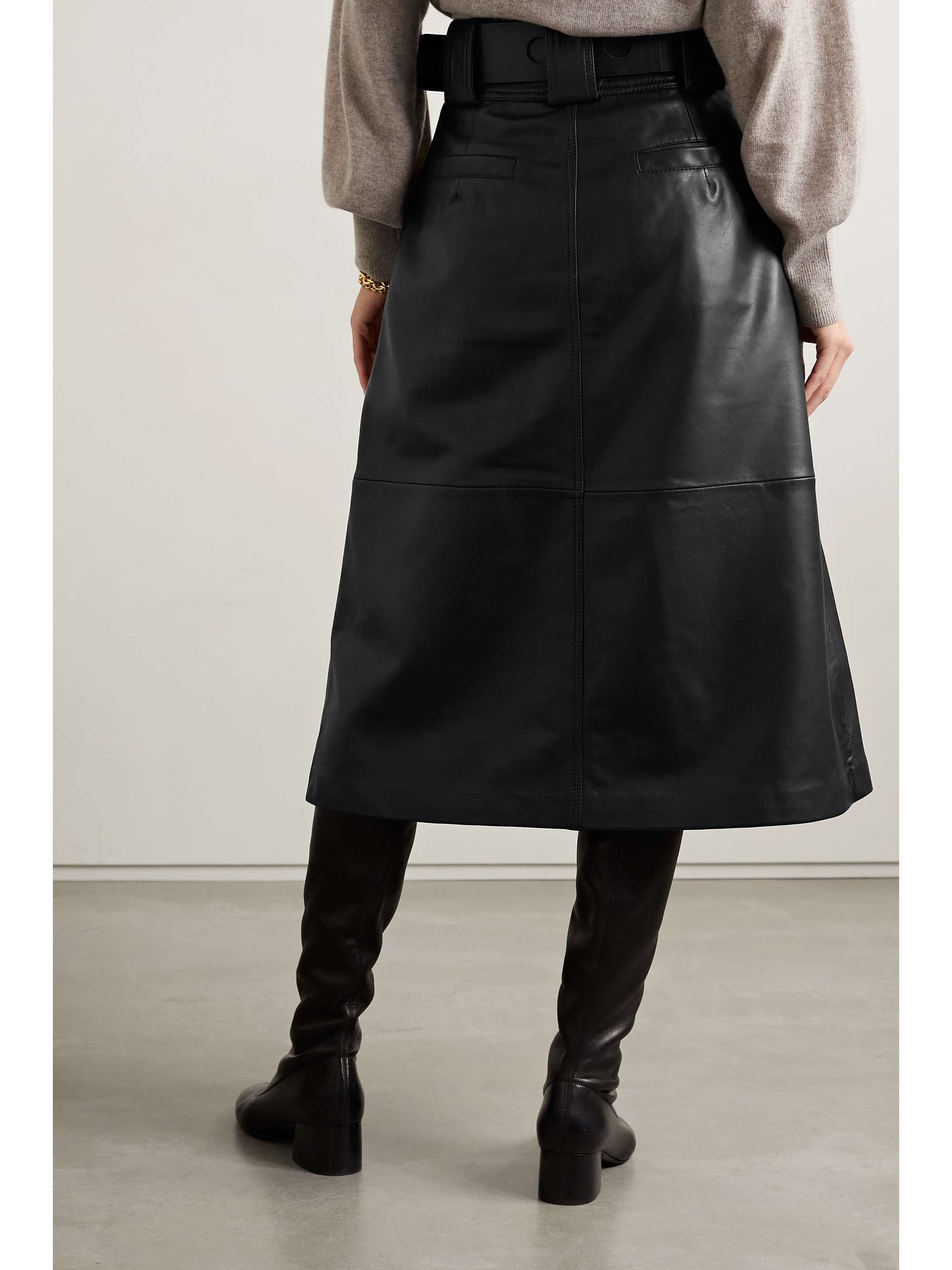 SEA Ayden belted leather midi skirt