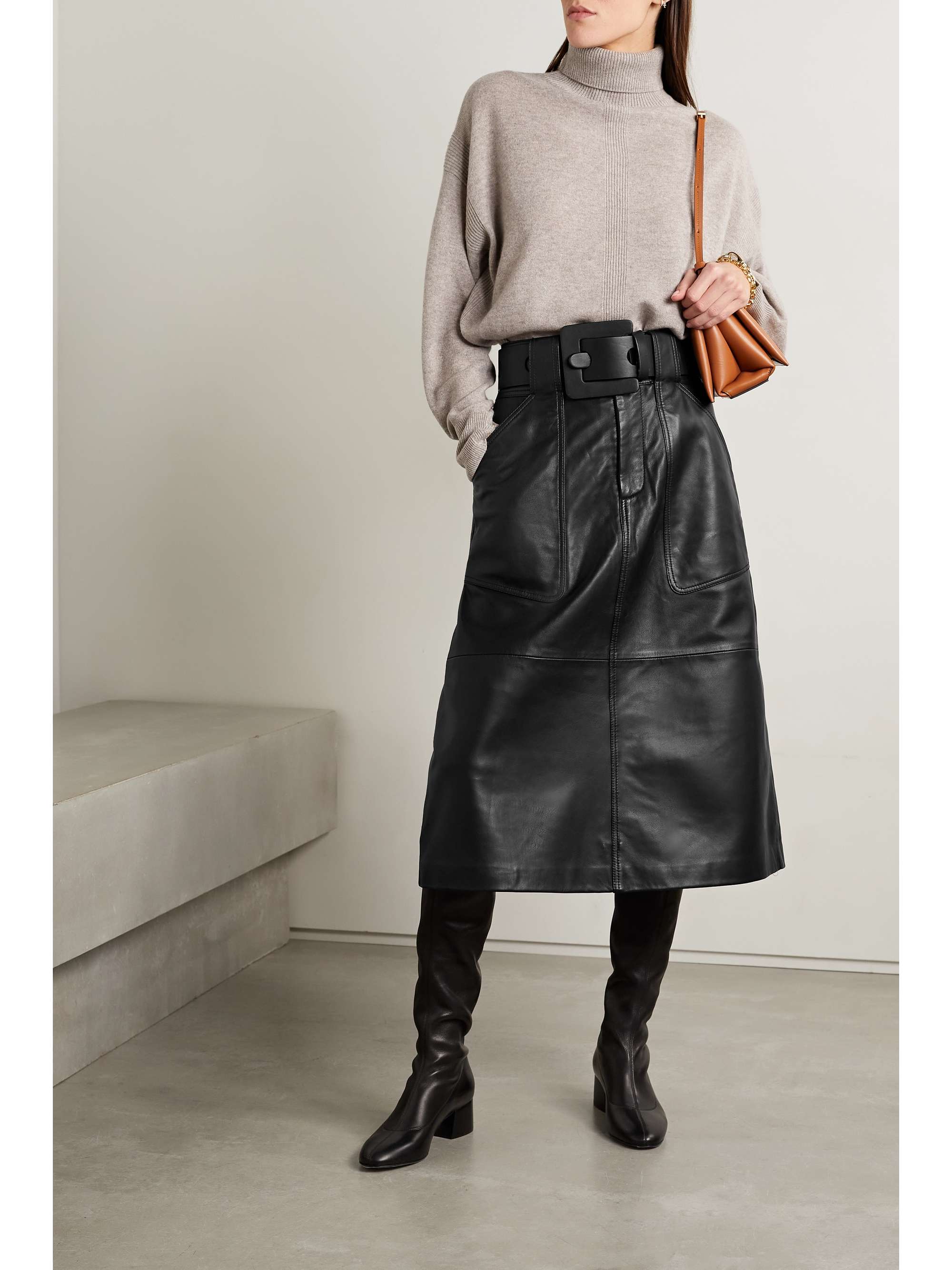 SEA Ayden belted leather midi skirt