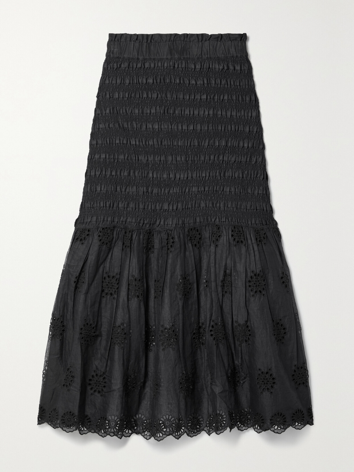 Sea - Blaine Broderie Anglaise-trimmed Shirred Cotton Midi Skirt - Black