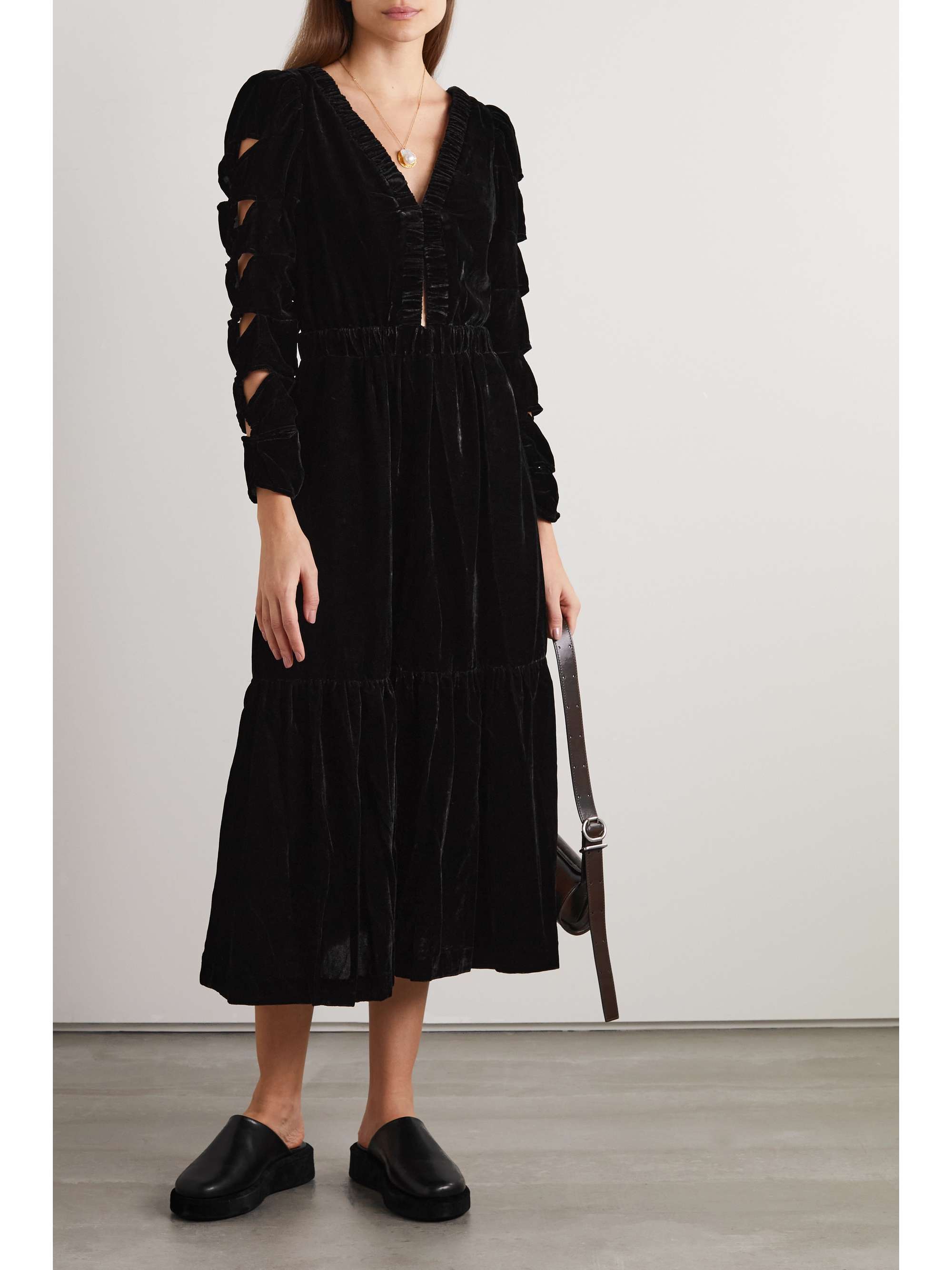 SEA Mayde tiered cutout velvet midi dress | NET-A-PORTER