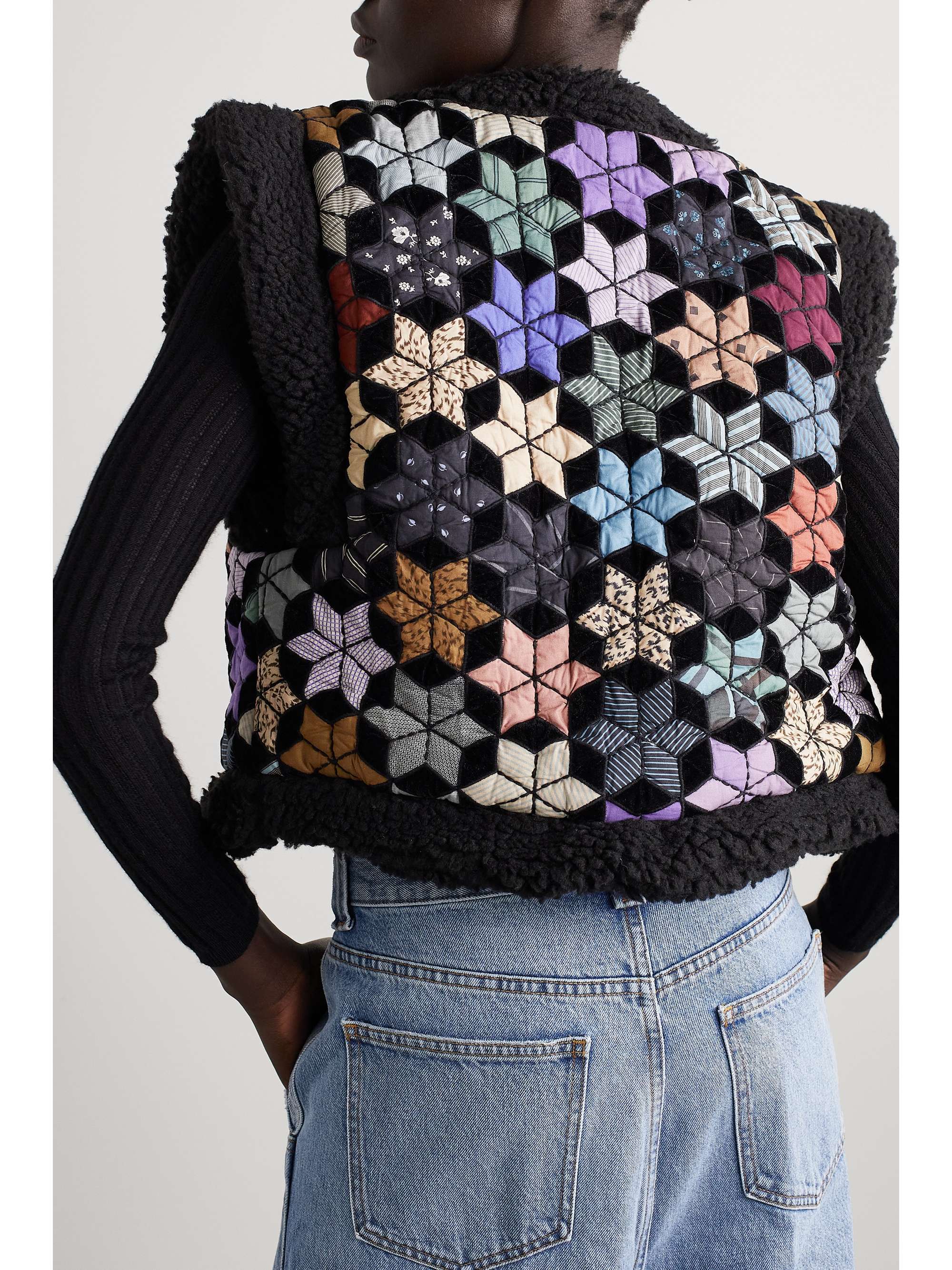SEA Estrella cropped fleece-trimmed patchwork cotton and velvet vest