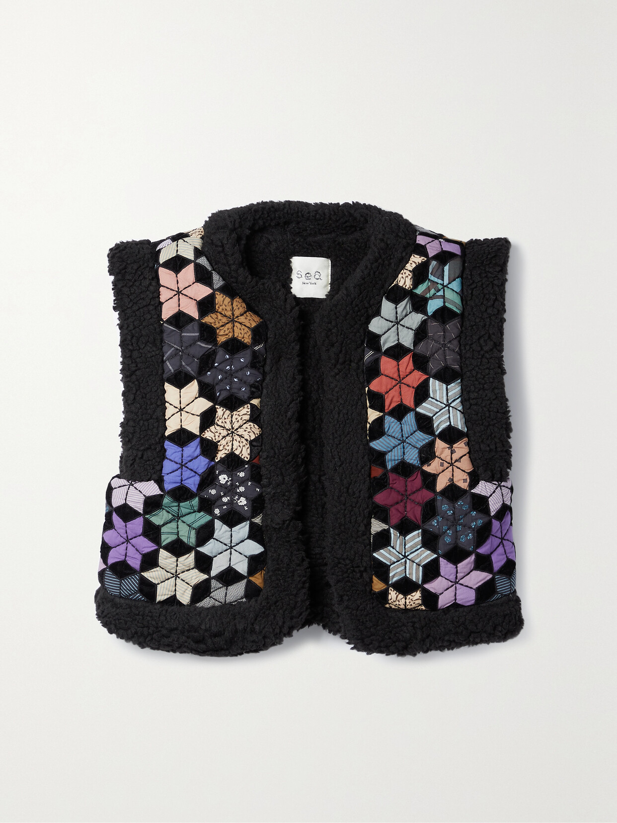 Sea - Estrella Cropped Fleece-trimmed Patchwork Cotton And Velvet Vest - Black