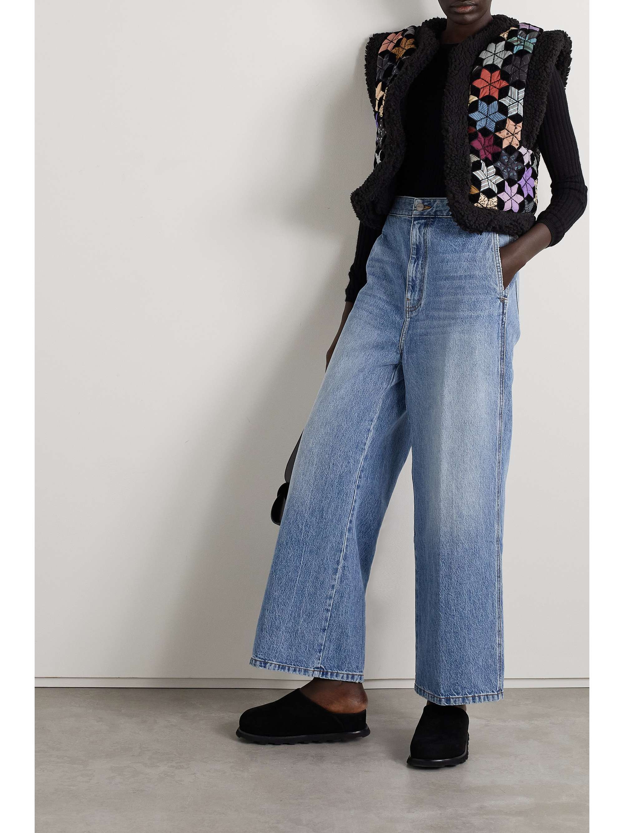 SEA Estrella cropped fleece-trimmed patchwork cotton and velvet vest