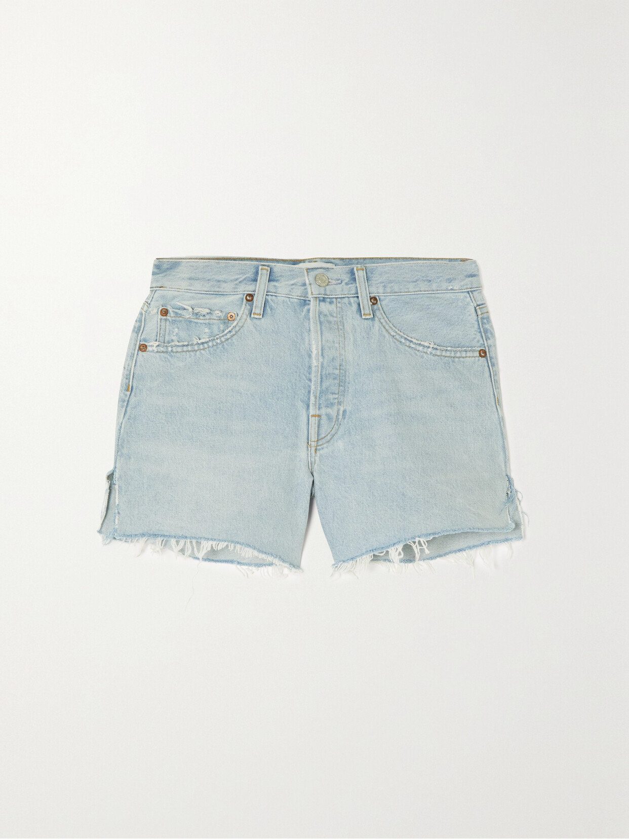 Shop Agolde Parker Long Distressed Organic Denim Shorts In Blue