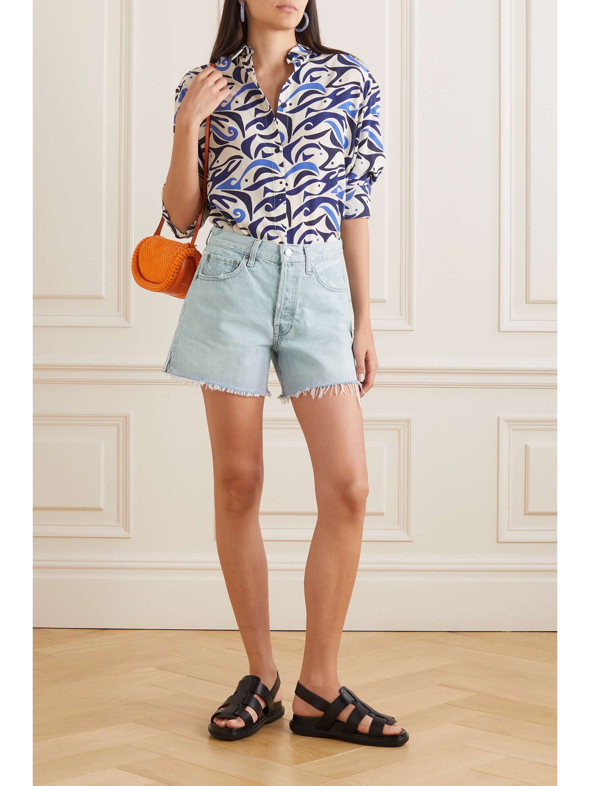 AGOLDE Long Parker distressed denim shorts