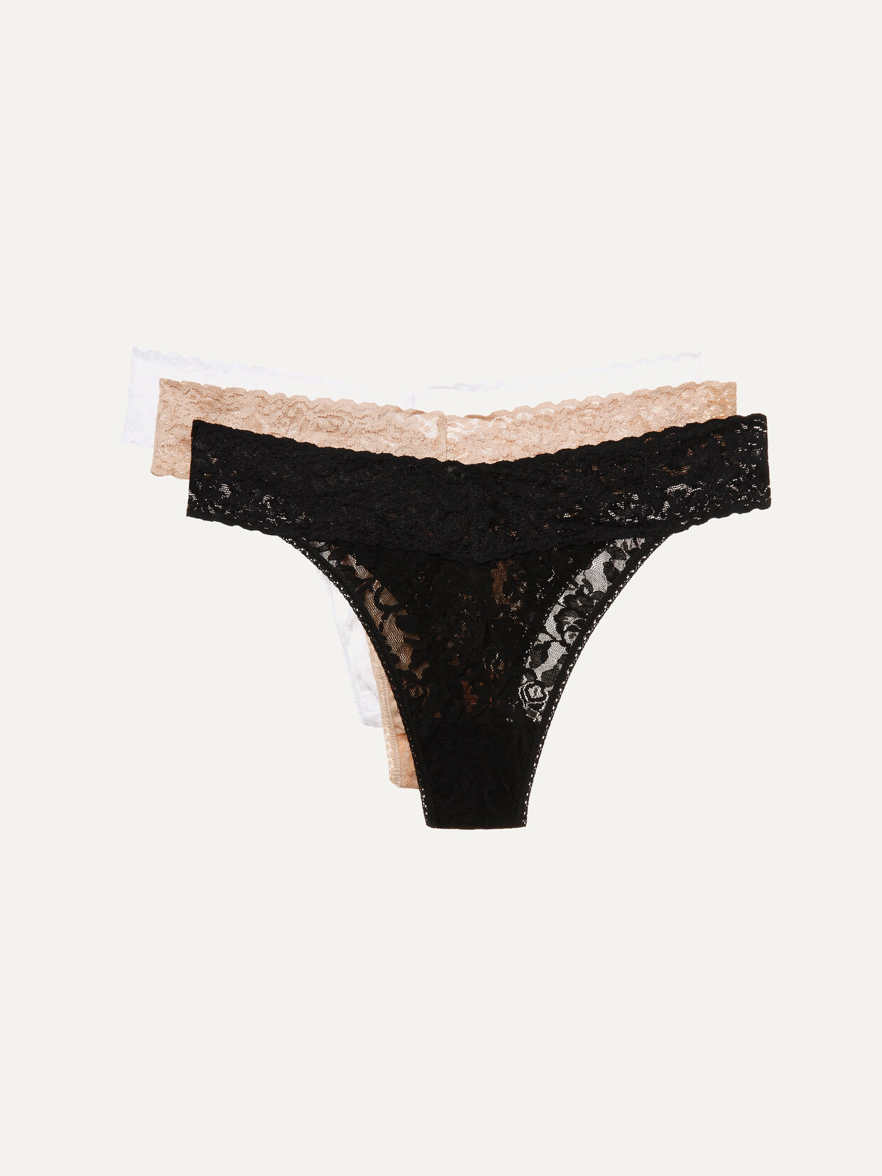 Hanky Panky + Net Sustain Signature Set Of Three Original-rise Stretch-lace Thongs In Black