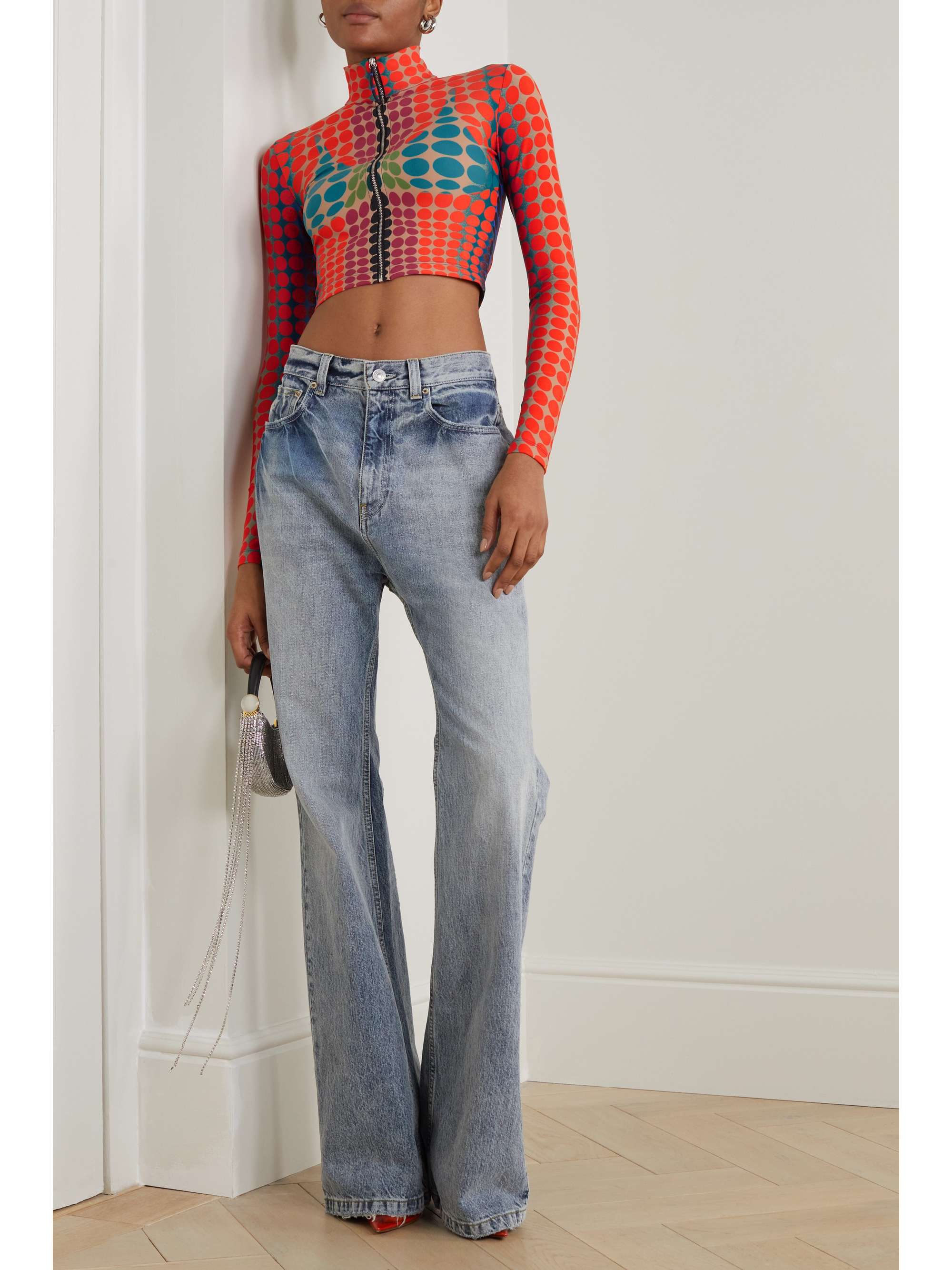 JEAN PAUL GAULTIER Cyber Dot cropped printed stretch-jersey turtleneck top