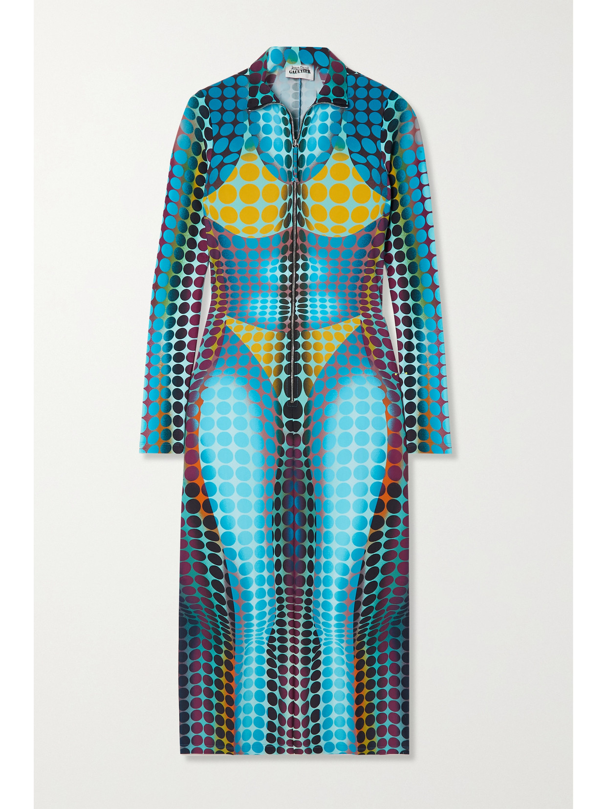 JEAN PAUL GAULTIER THE BLUE DOTS PRINTED STRETCH-JERSEY TURTLENECK MIDI DRESS