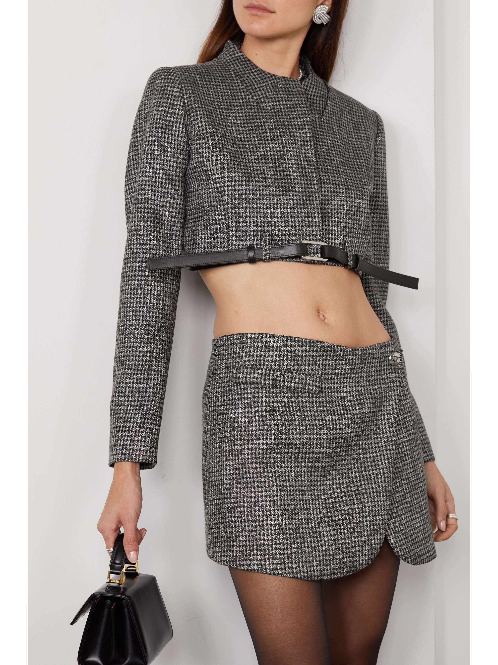 COPERNI Belted cropped checked metallic tweed jacket