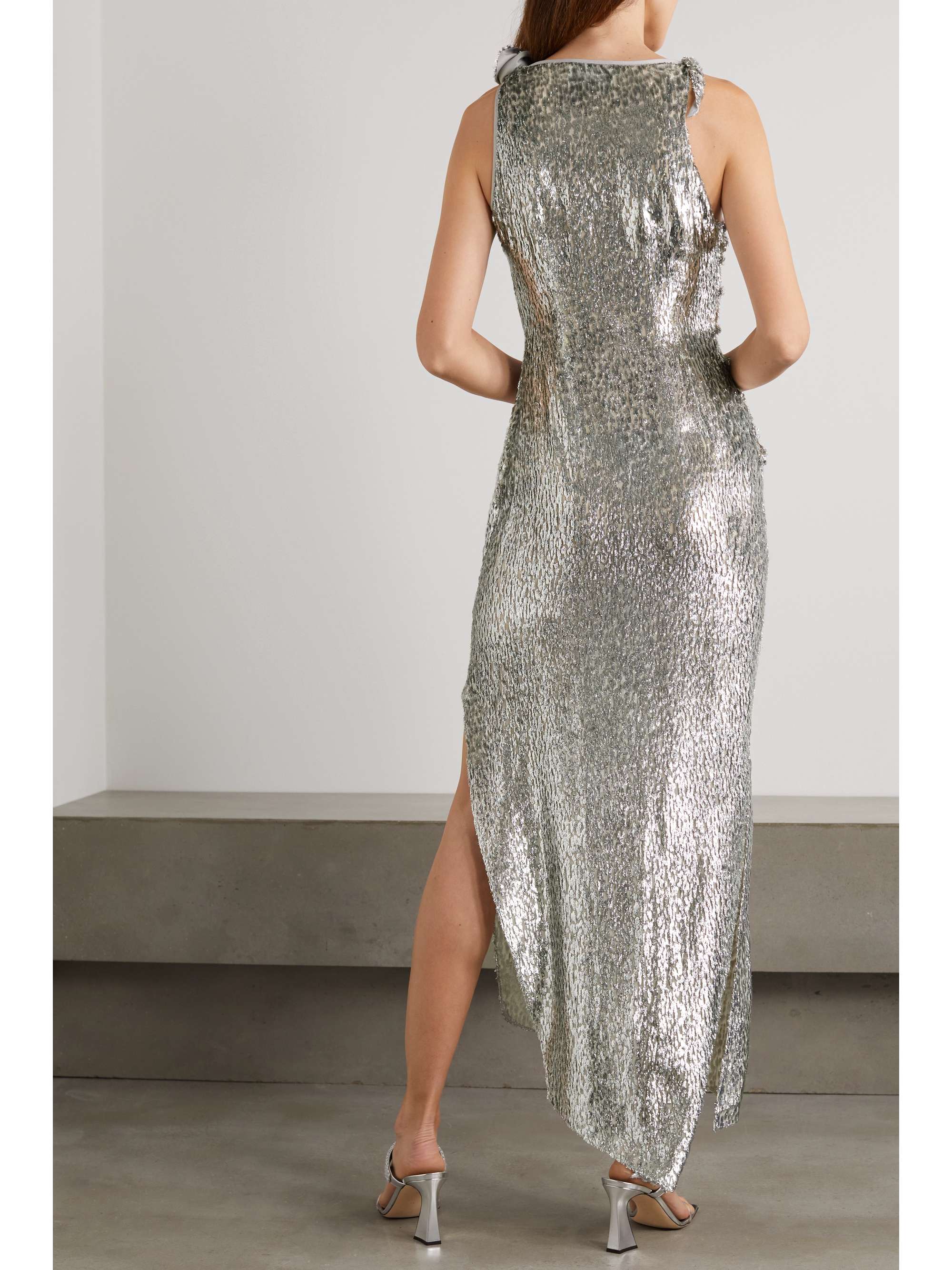 COPERNI Asymmetric appliquéd metallic fil coupé voile dress