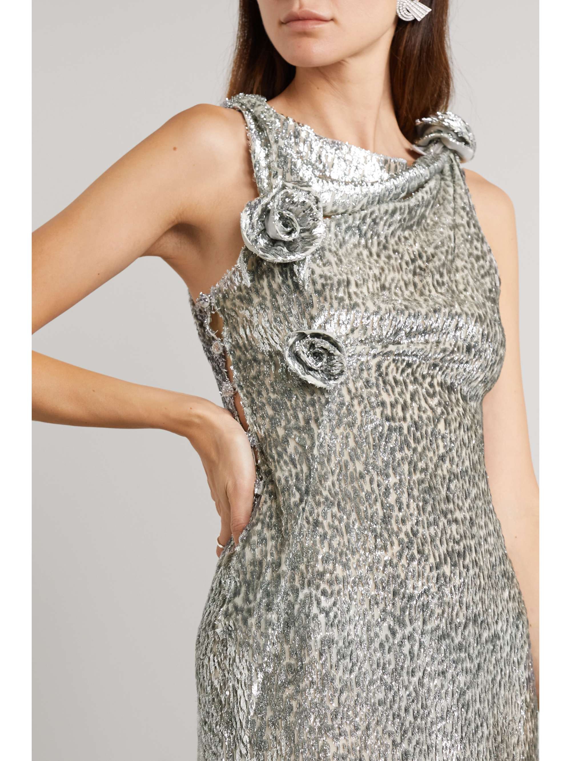 COPERNI Asymmetric appliquéd metallic fil coupé voile dress