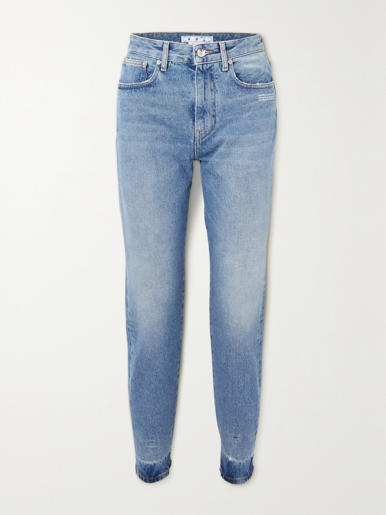 Off-White - Corporate Distressed High-rise Slim-leg Jeans - Blue