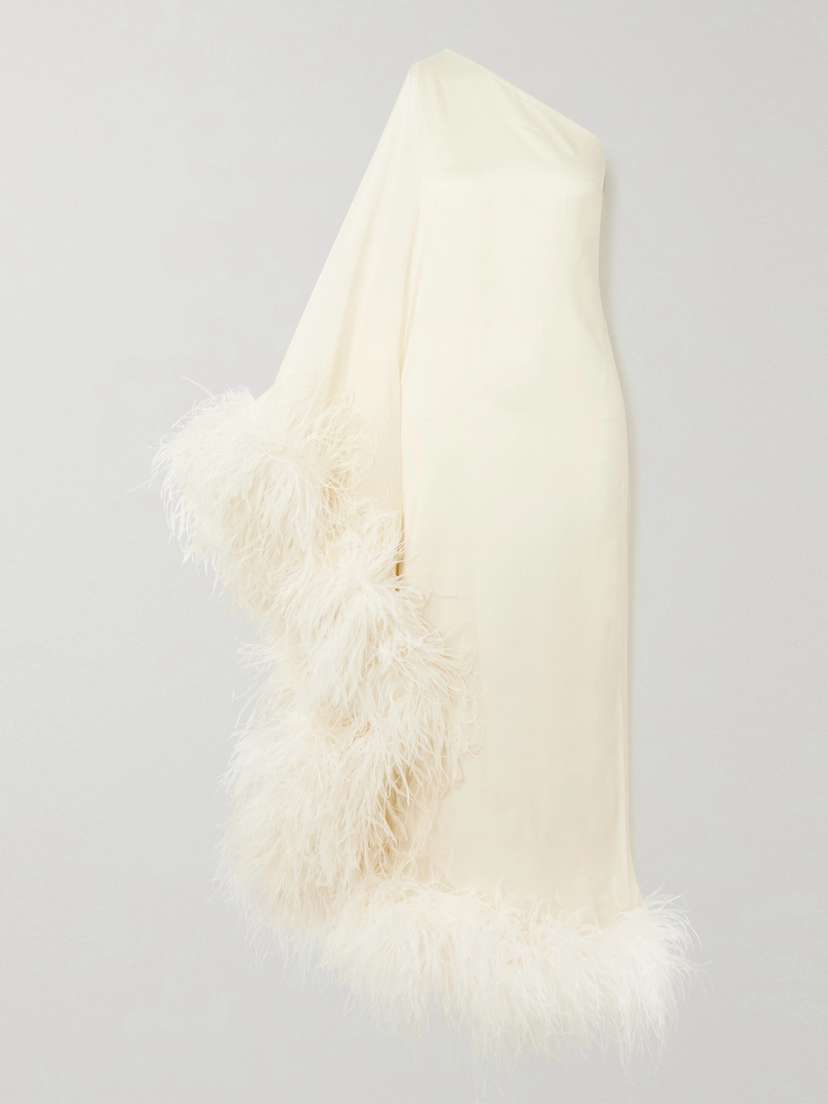 Taller Marmo + Net Sustain Ubud One-shoulder Feather-trimmed Silk-crepe Gown