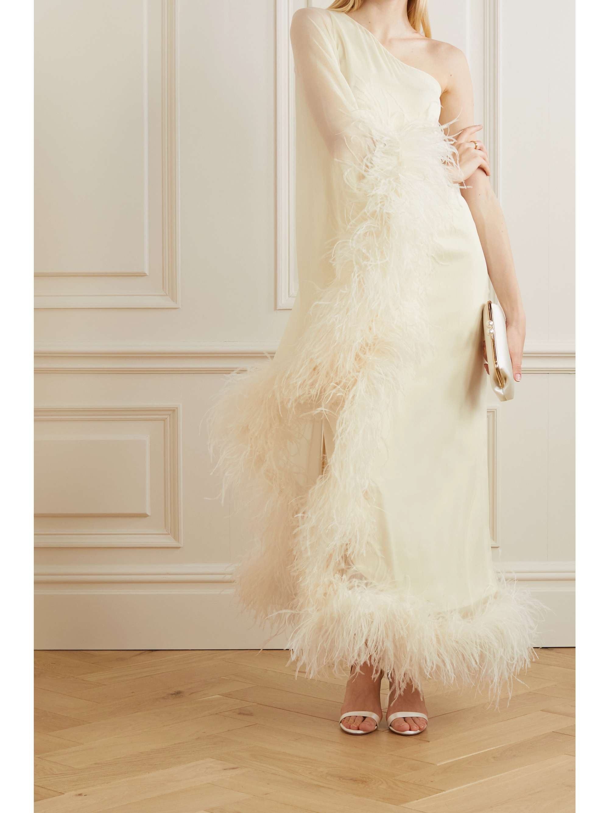TALLER MARMO + NET SUSTAIN Ubud one-shoulder feather-trimmed silk-crepe gown