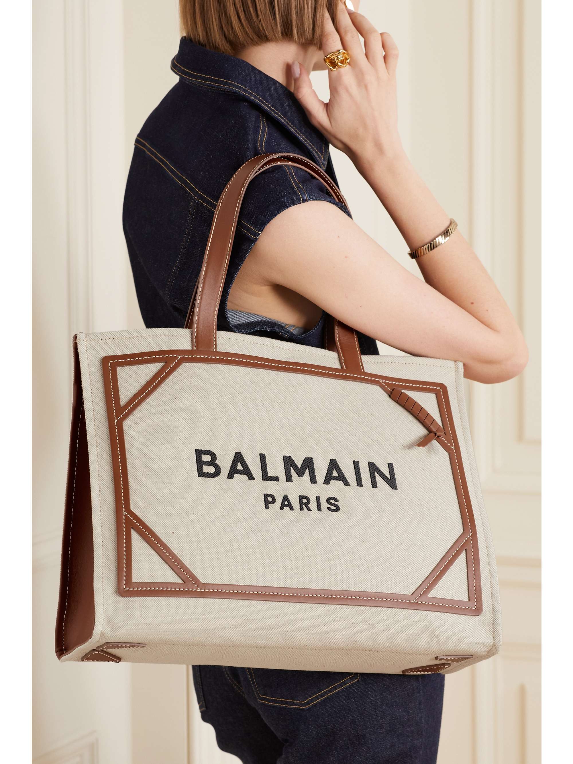 BALMAIN BArmy medium embroidered leathertrimmed canvas tote NETA