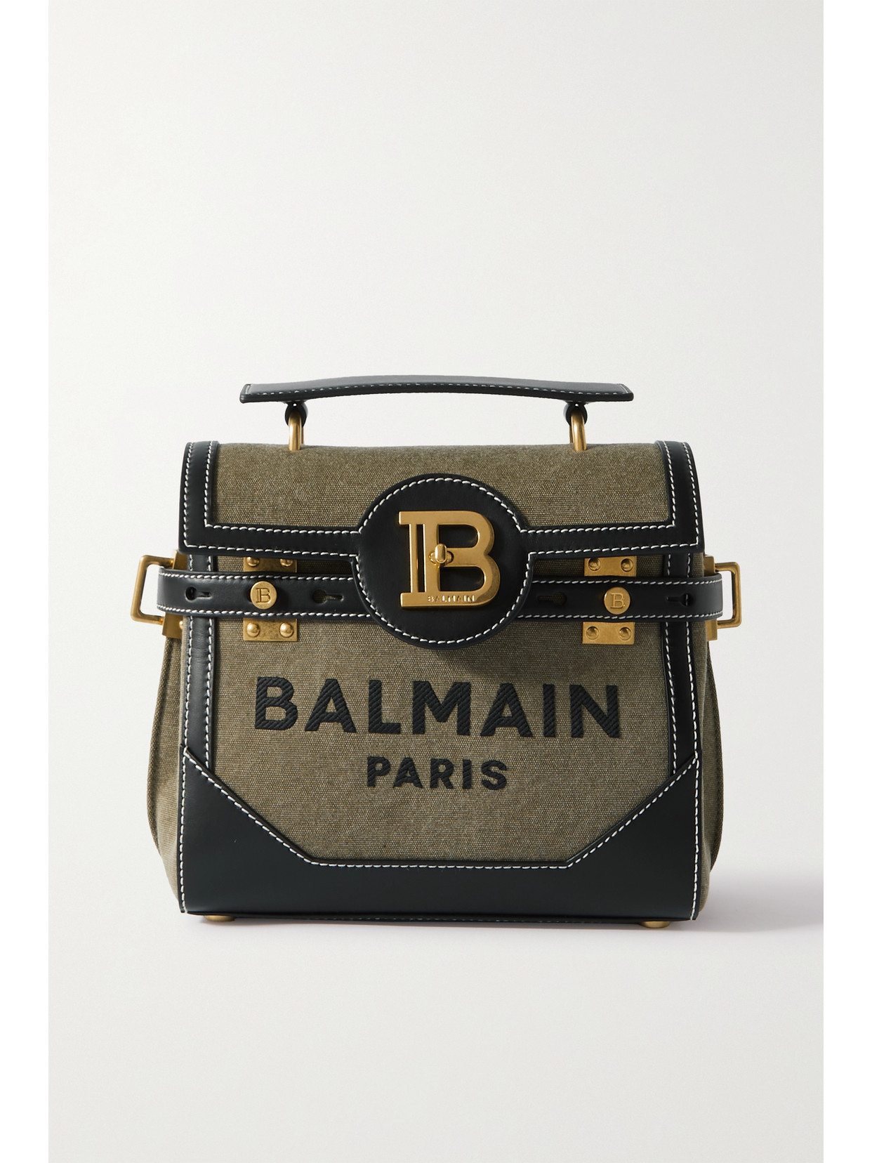 Balmain - B-buzz 23 Logo-embroidered Leather-trimmed Cotton-canvas Shoulder Bag - Green