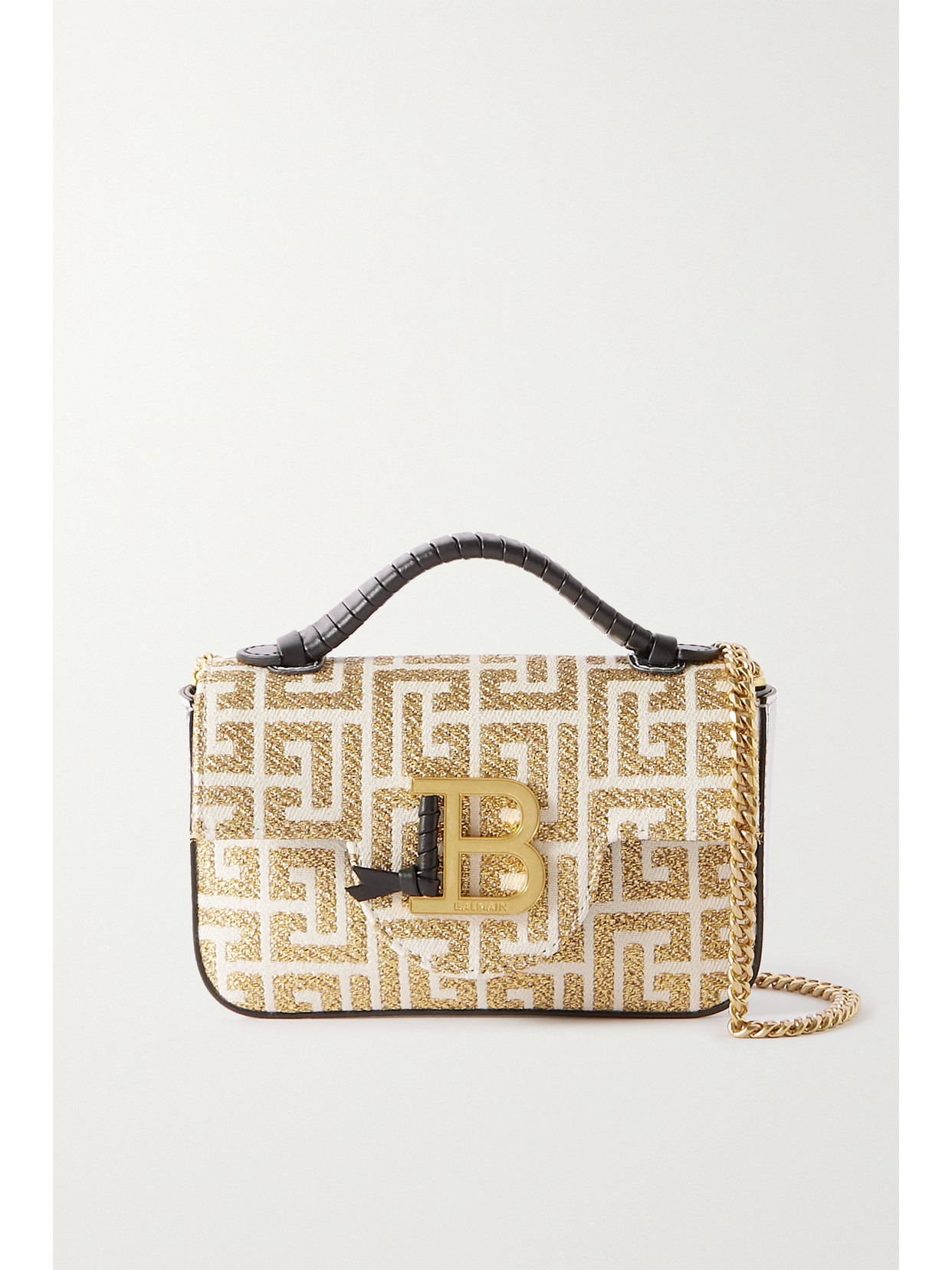 Balmain - B-buzz Mini Leather-trimmed Jacquard-mesh Shoulder Bag - Neutrals