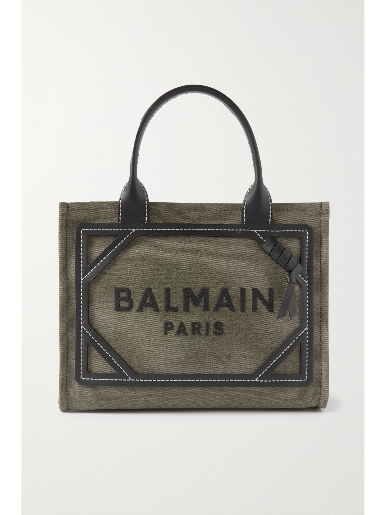 Balmain B-army Small Leather-trimmed Cotton And Linen-blend Canvas Tote In Green