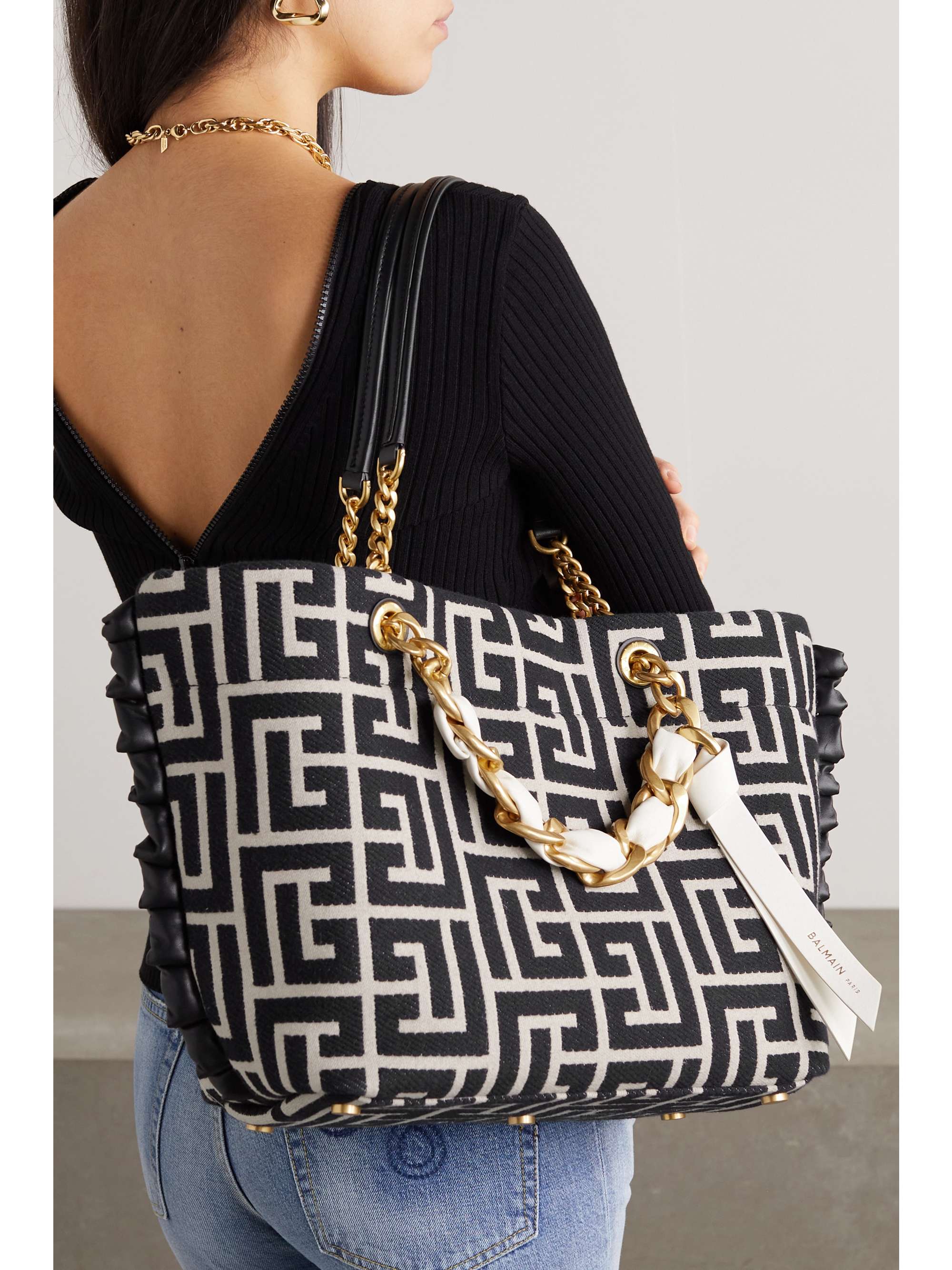 BALMAIN 1945 embellished leather-trimmed cotton-blend jacquard tote