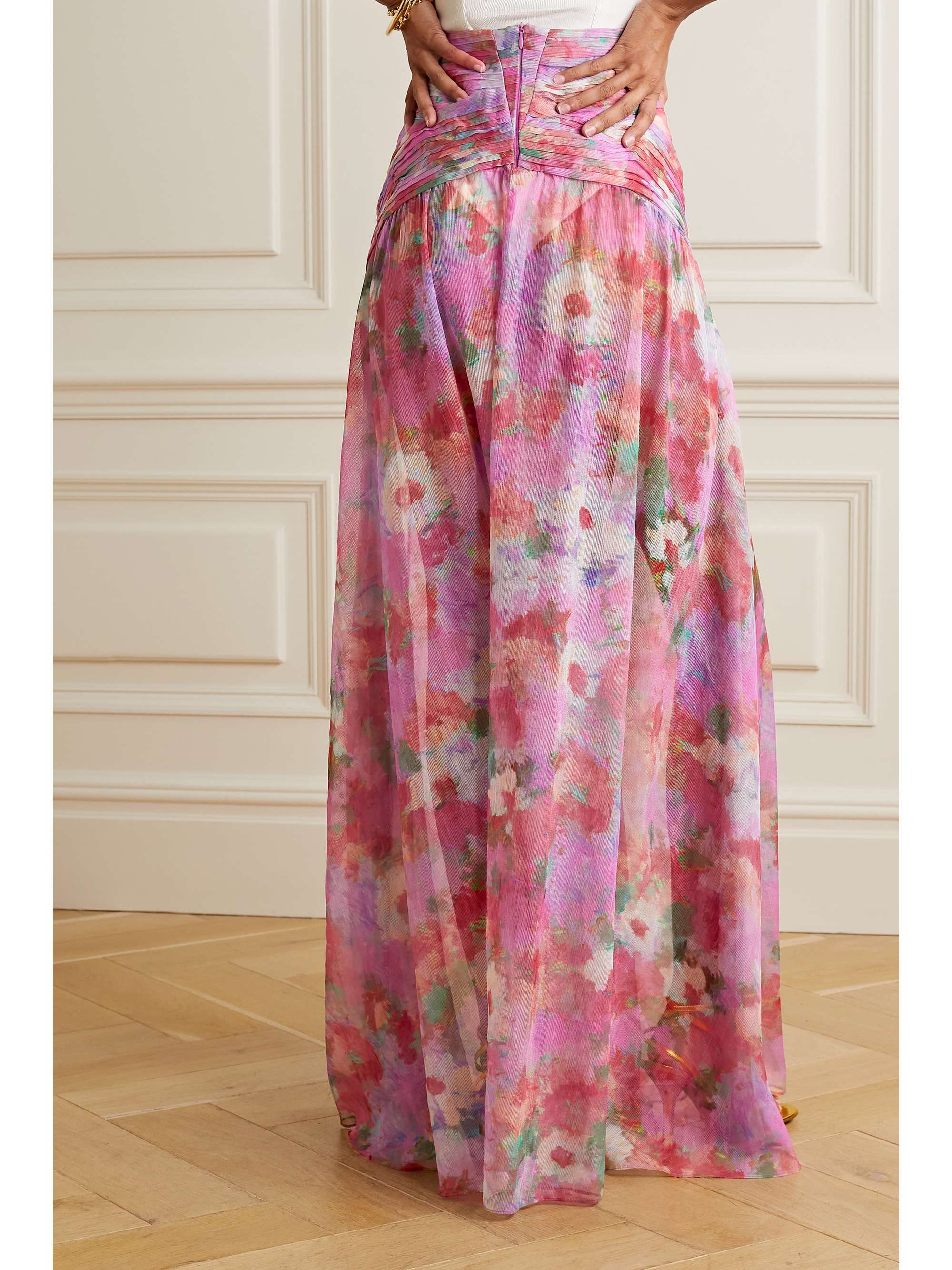 PATBO Pintucked floral-print crepon maxi skirt