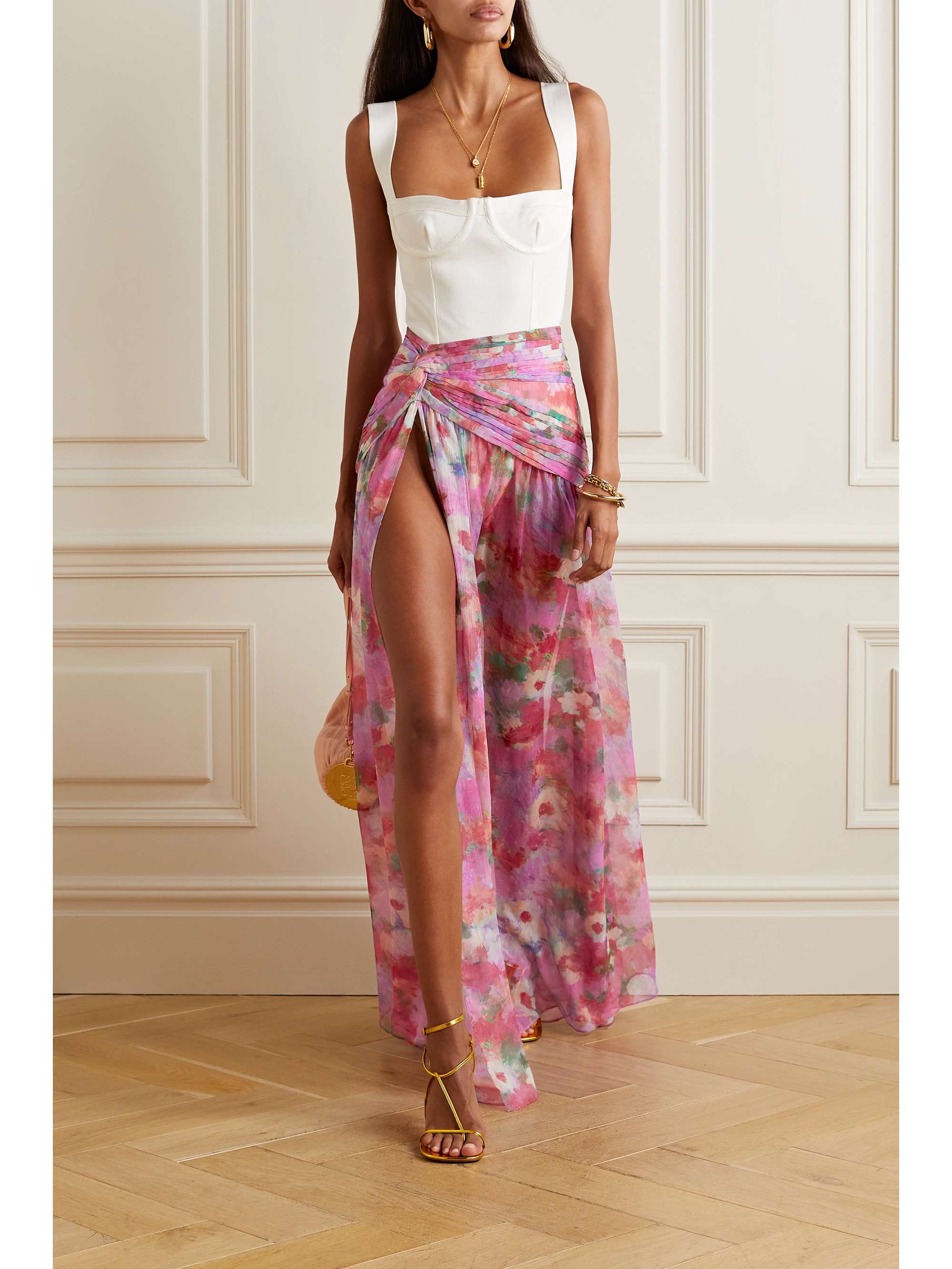 PATBO Pintucked floral-print crepon maxi skirt