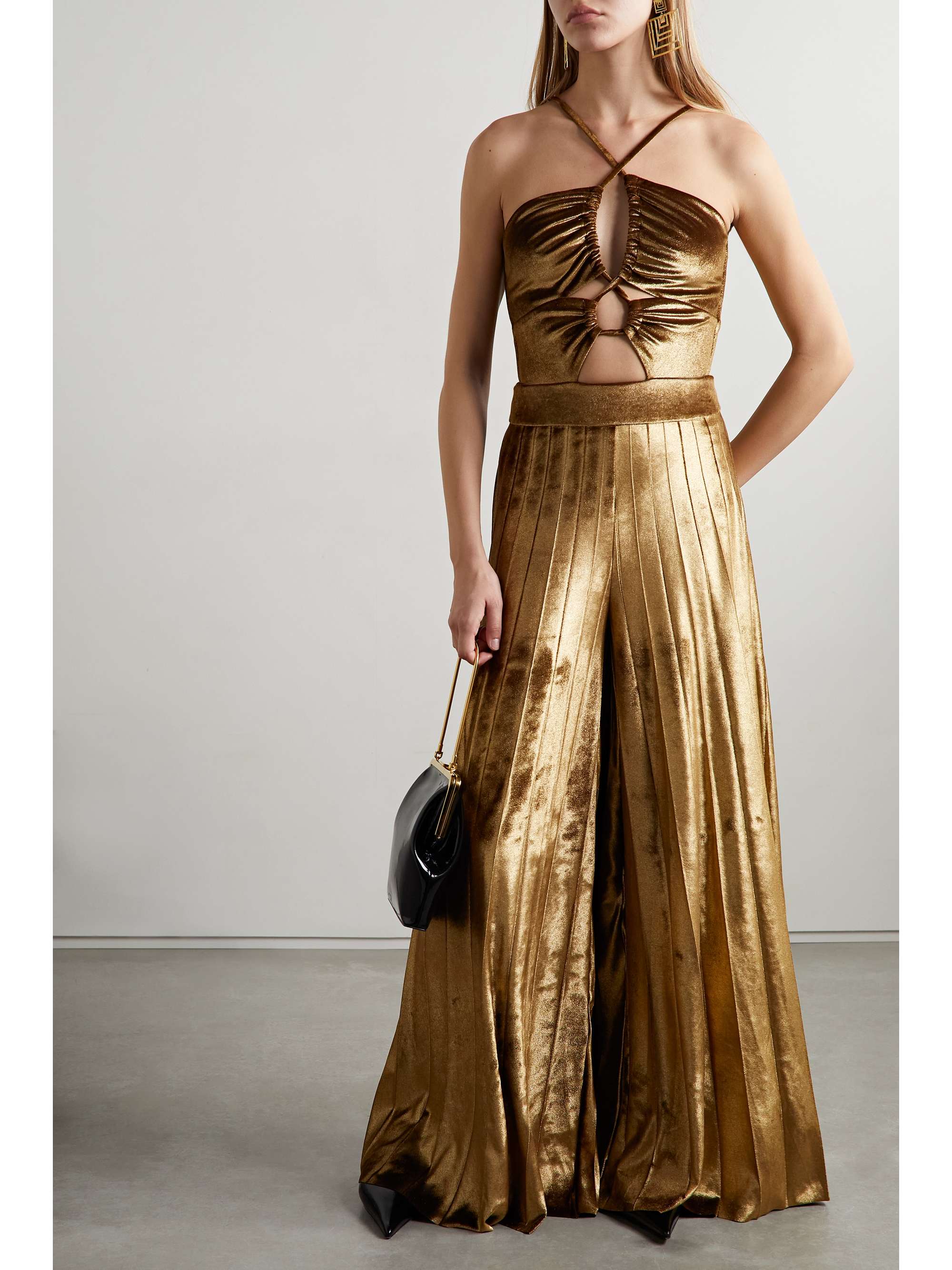 PATBO Pleated metallic stretch-velvet wide-leg pants