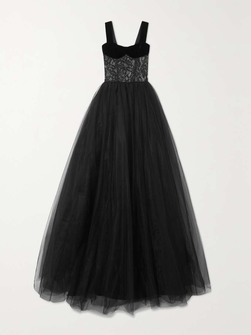 RASARIO Velvet-trimmed Guipure-lace And Tulle Gown