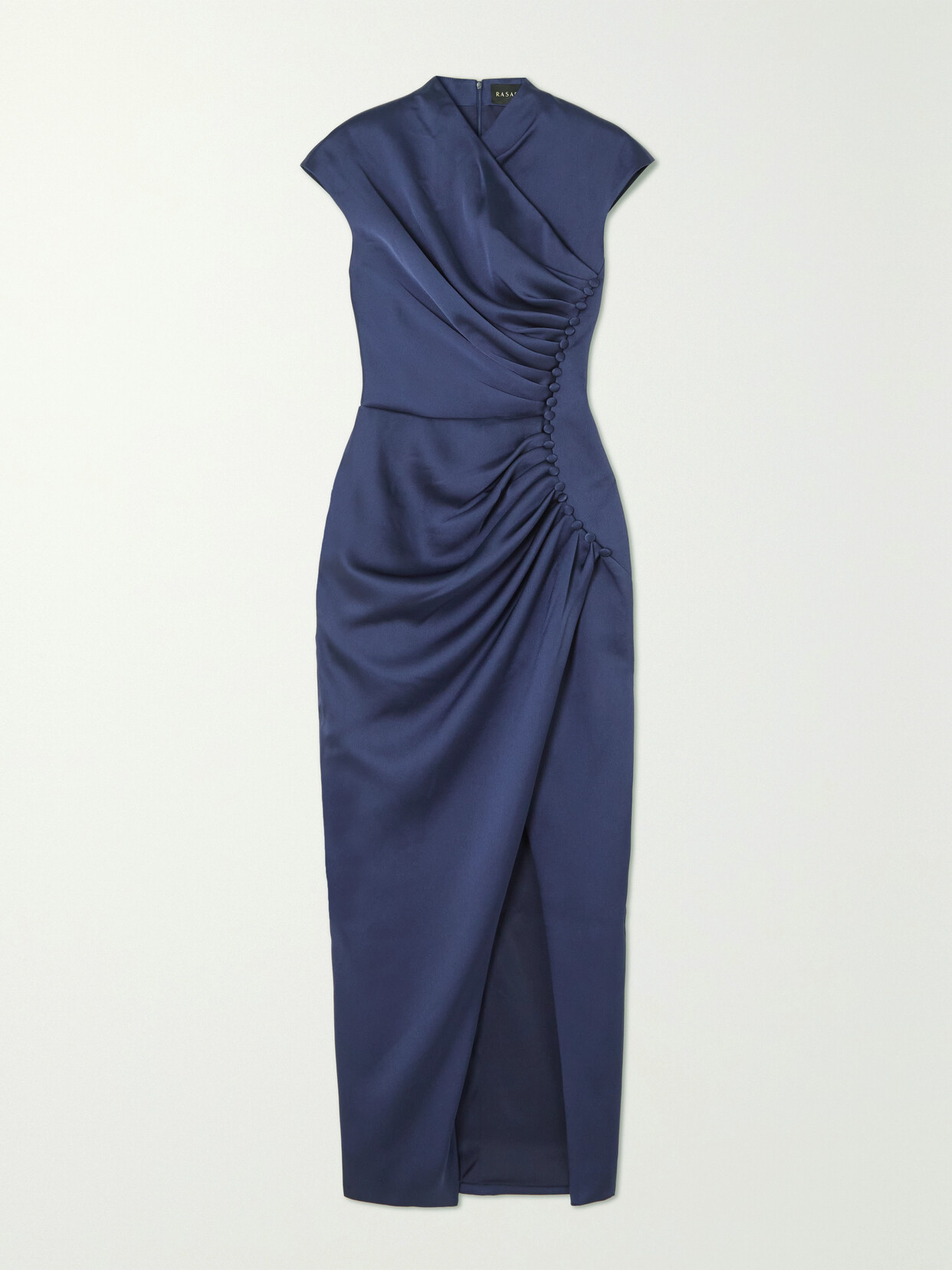 RASARIO Button-embellished Draped Satin Midi Dress