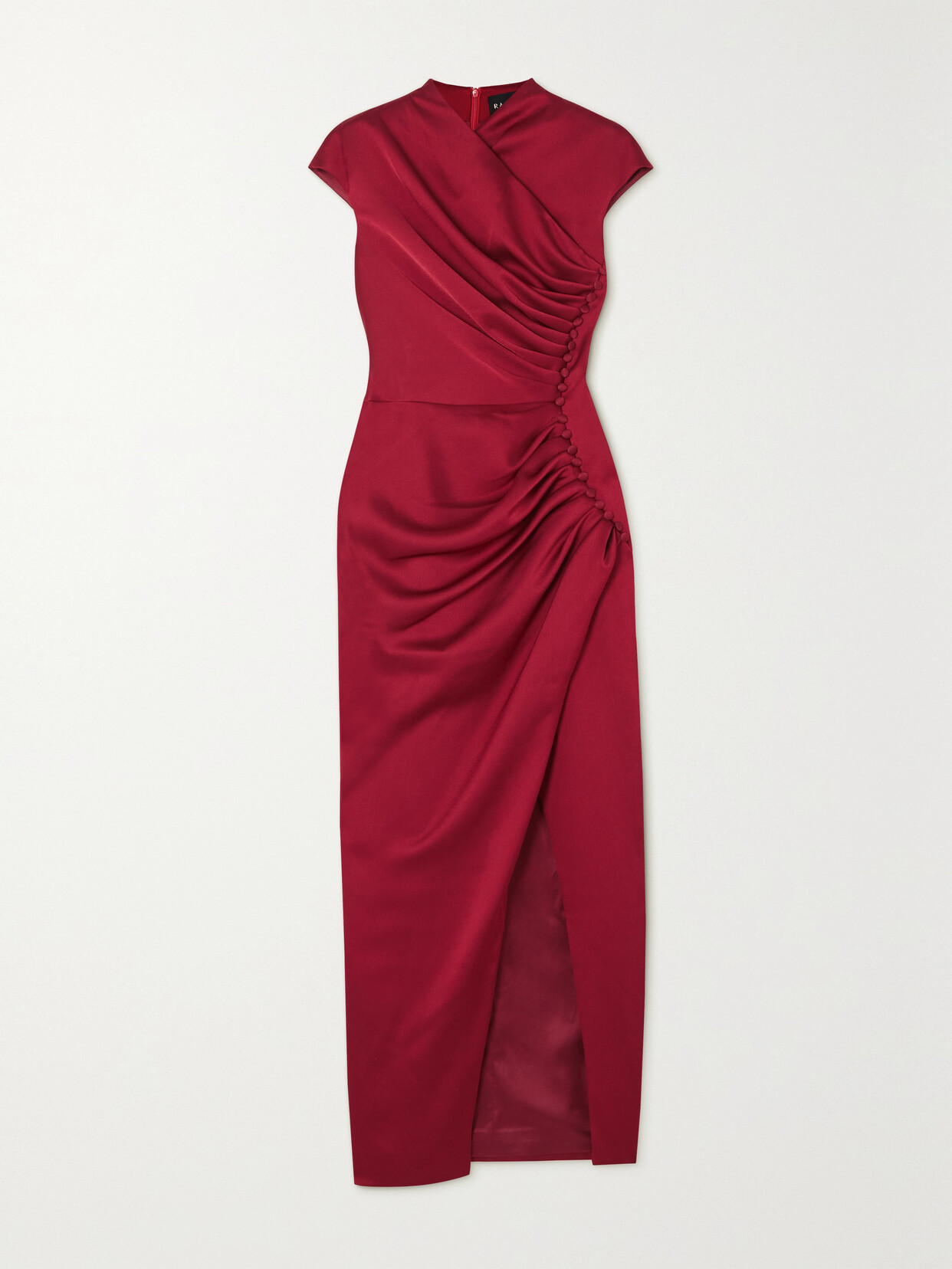 RASARIO - Button-embellished Draped Satin Midi Dress - Burgundy