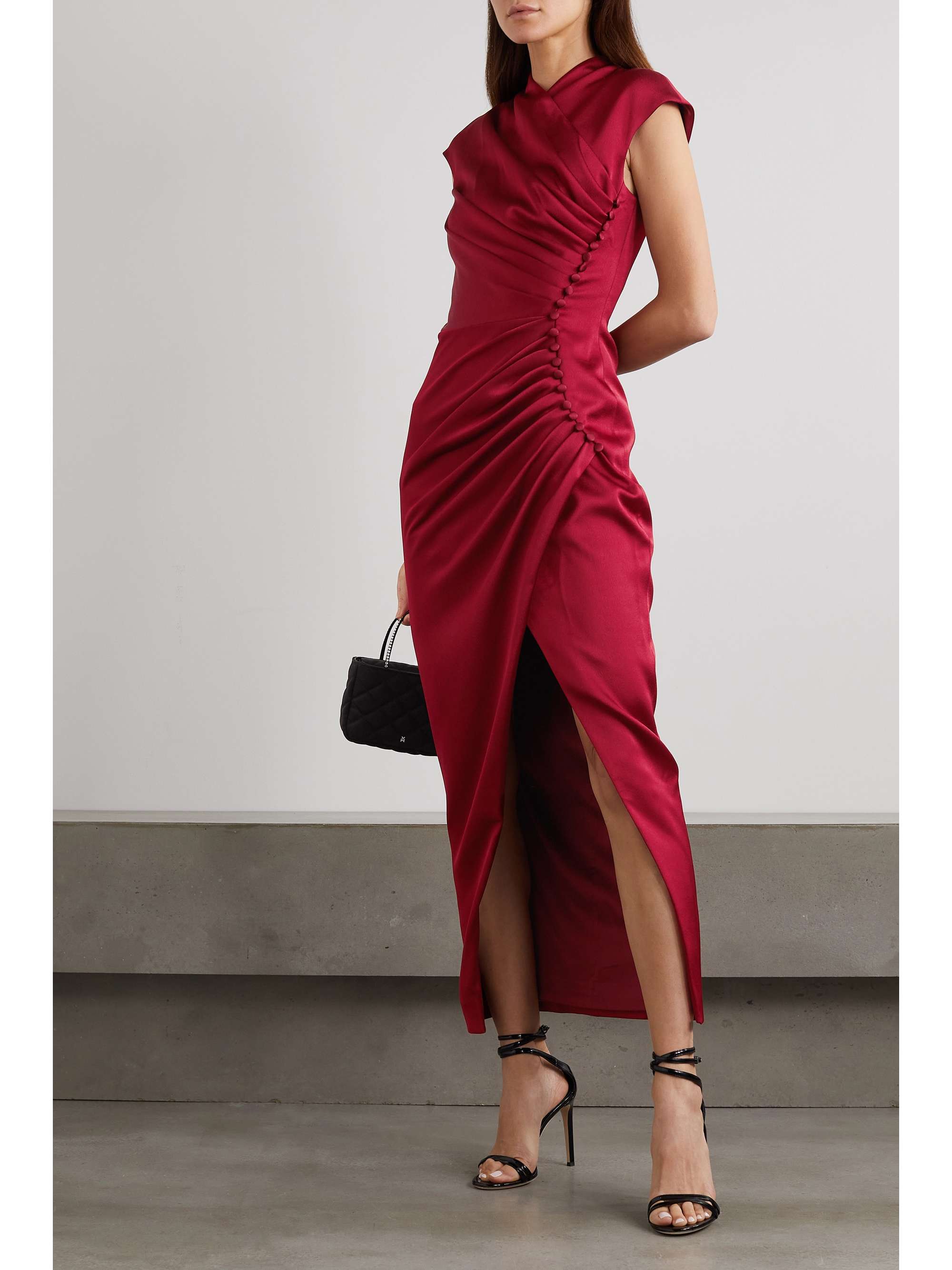 RASARIO Button-embellished draped satin midi dress