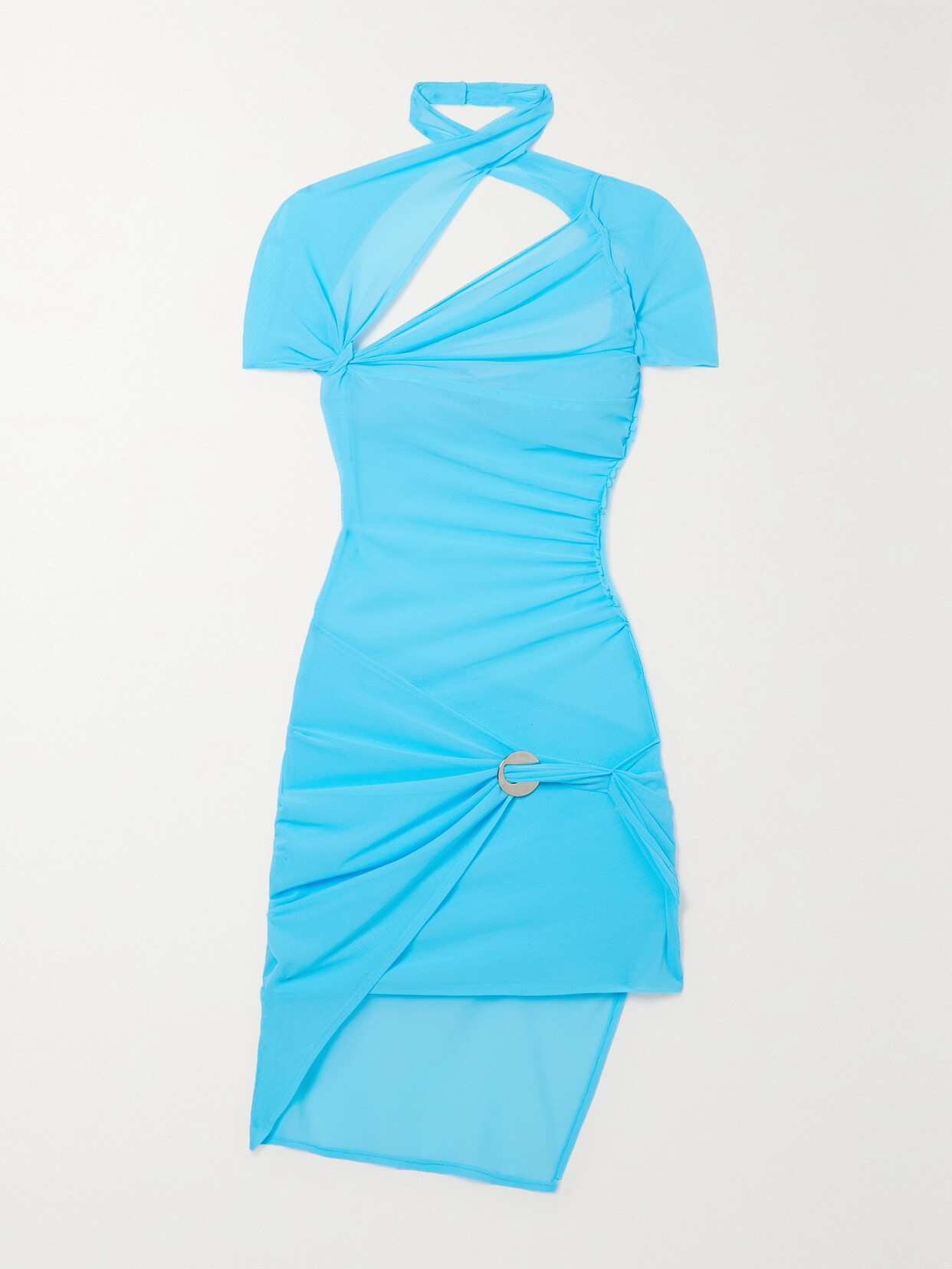 Coperni - Asymmetric Ruched Cutout Wrap-effect Stretch-mesh Mini Dress - Blue