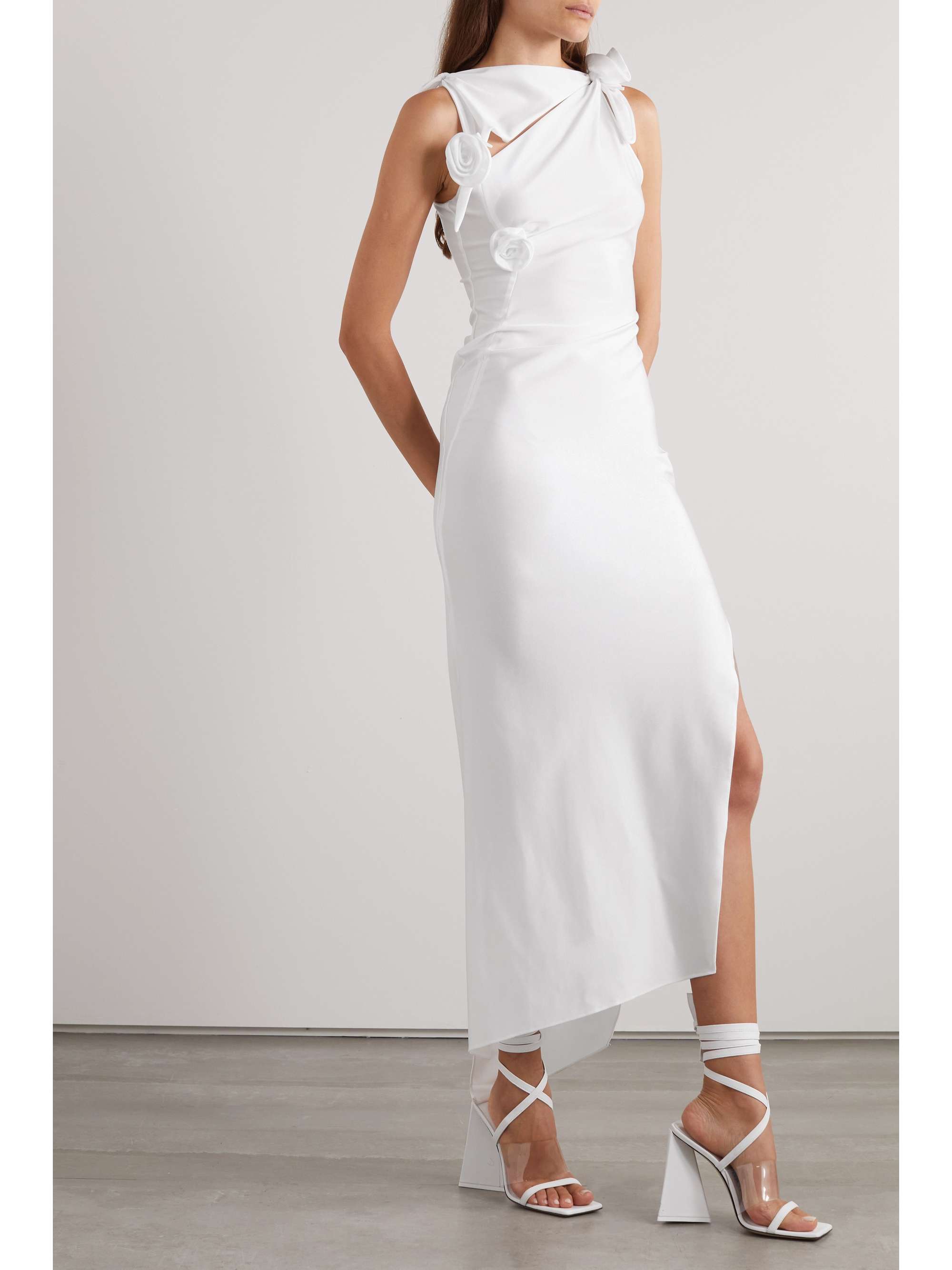 COPERNI Asymmetric appliquéd stretch-satin maxi dress