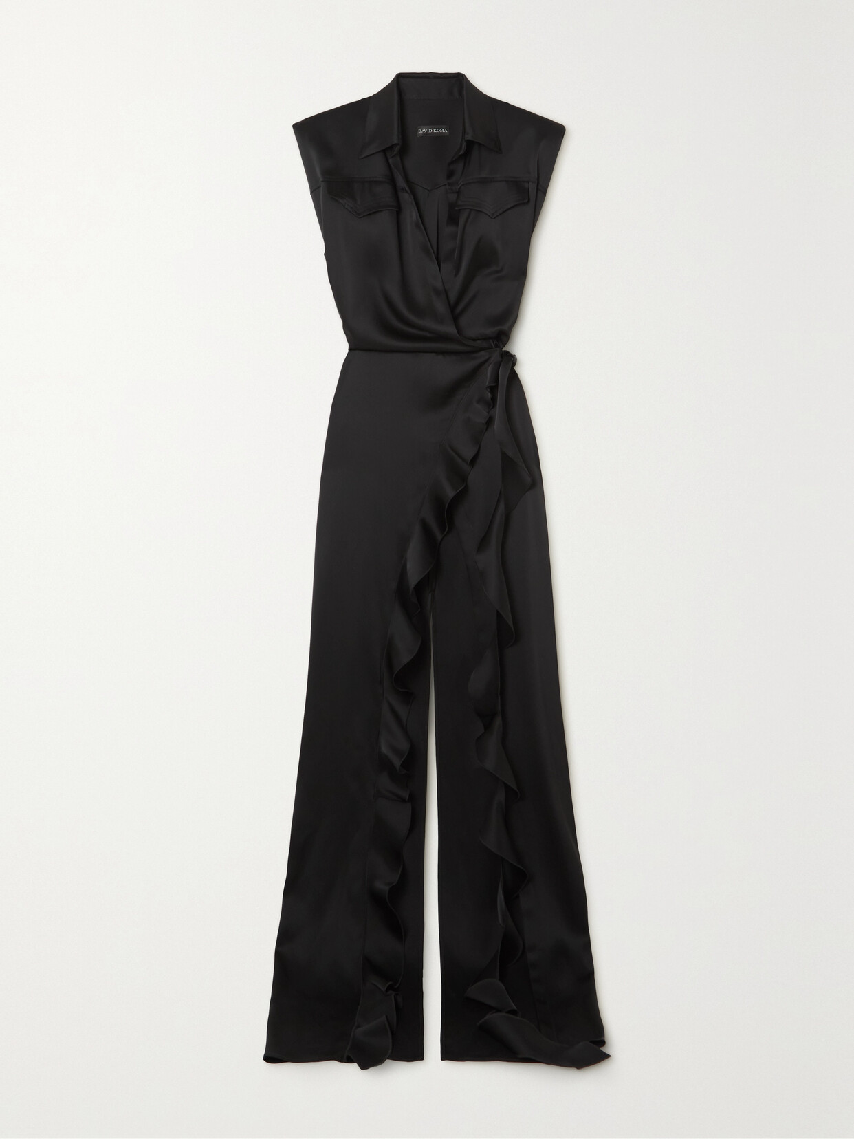 David Koma Ruffled Satin Wrap Gown - Black