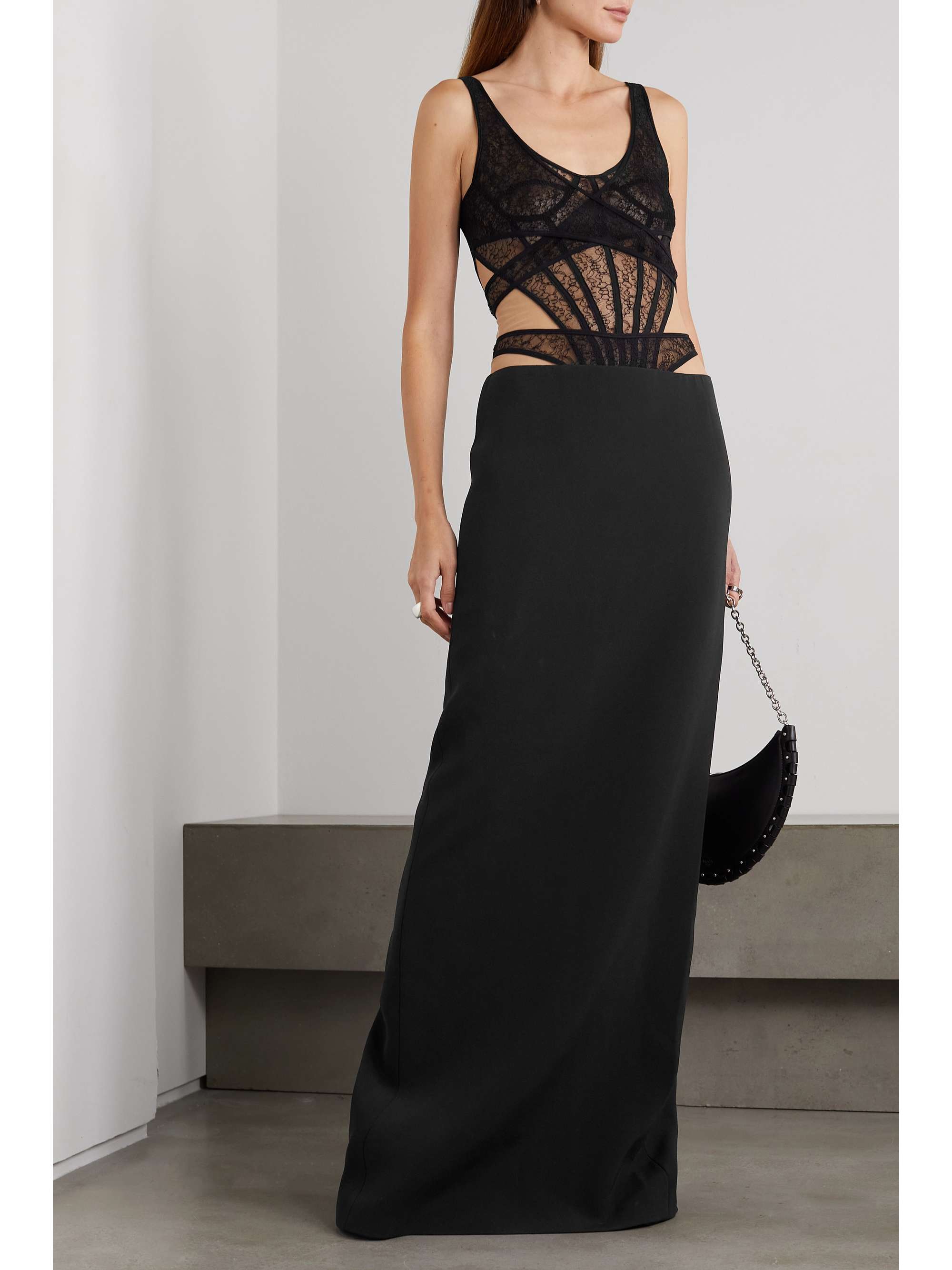 DAVID KOMA Cutout lace and cady maxi dress