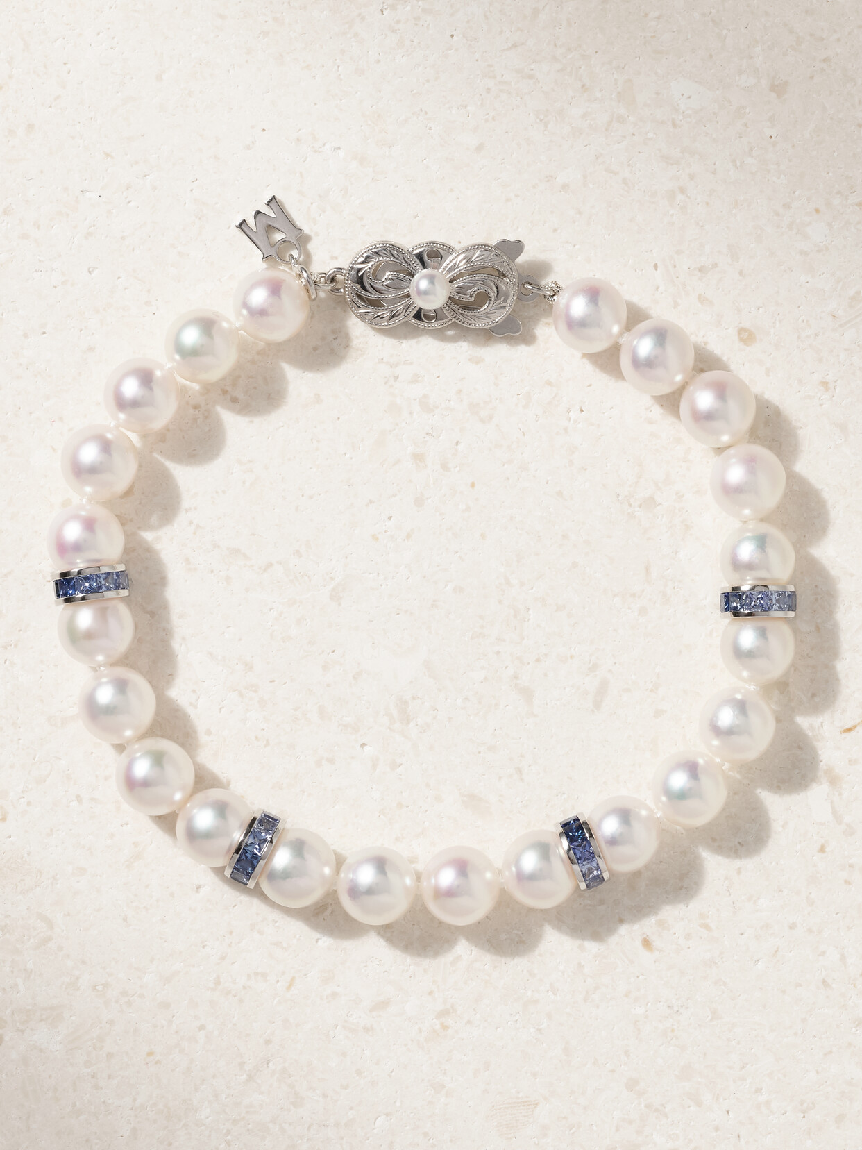 Mikimoto 18-karat White Gold, Pearl And Sapphire Bracelet