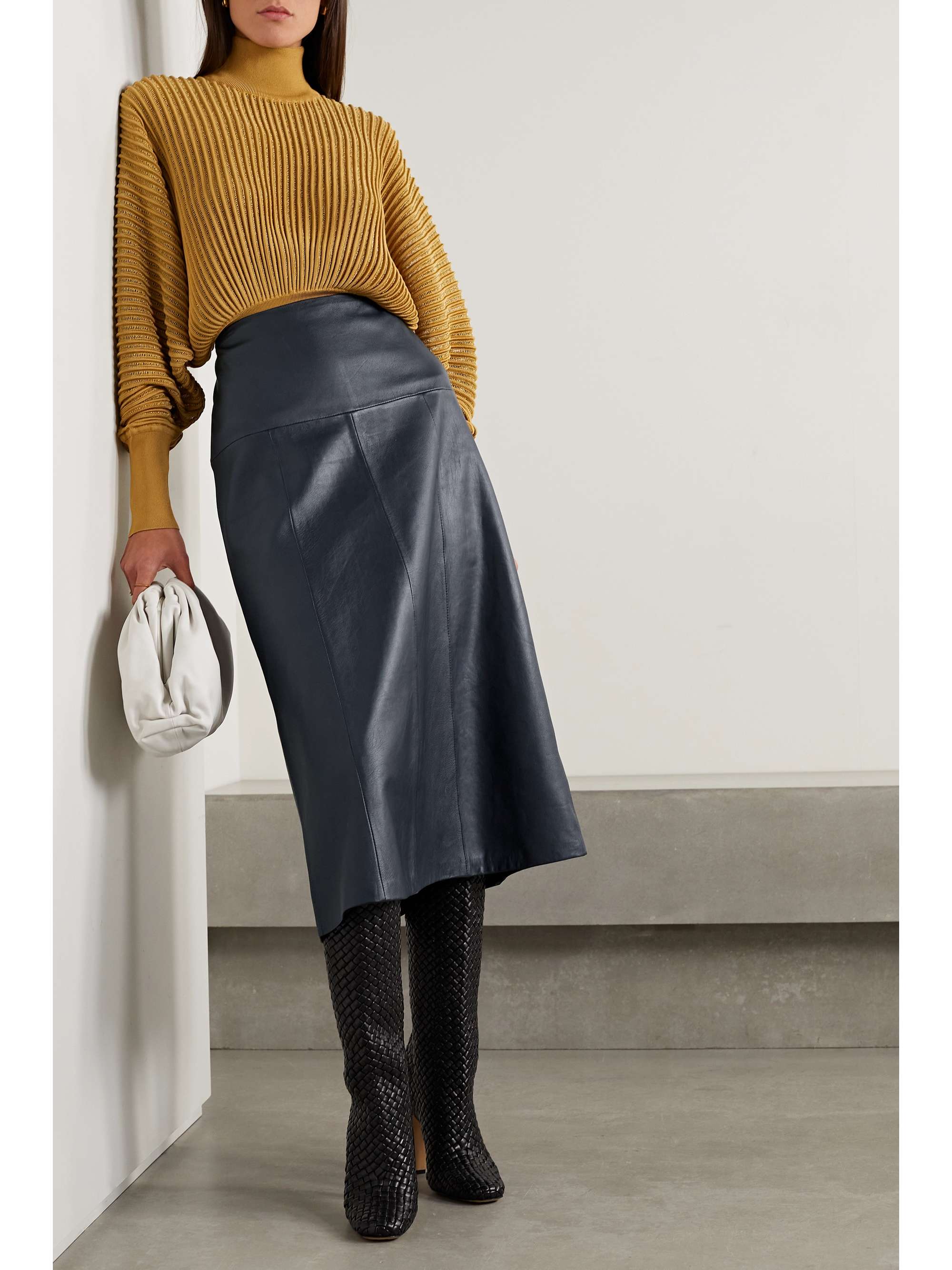 Olive Faux Leather Tiered Midi Skirt